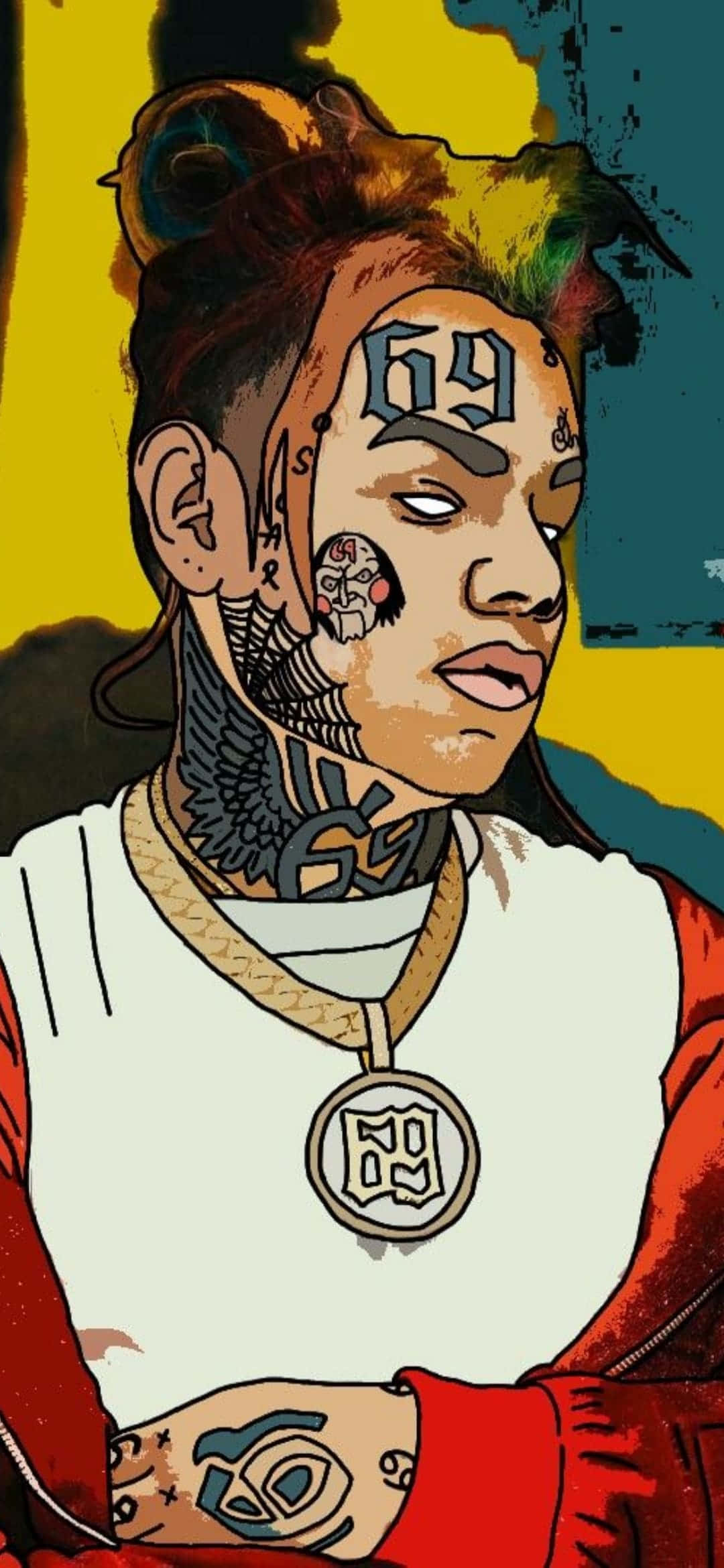 Rapper Cartoon 桌布 壁紙 — 一個風格化的插圖肖像，描繪一位刺青人士，額頭和頸部刺有「69」，身穿紅色外套和吊墜。