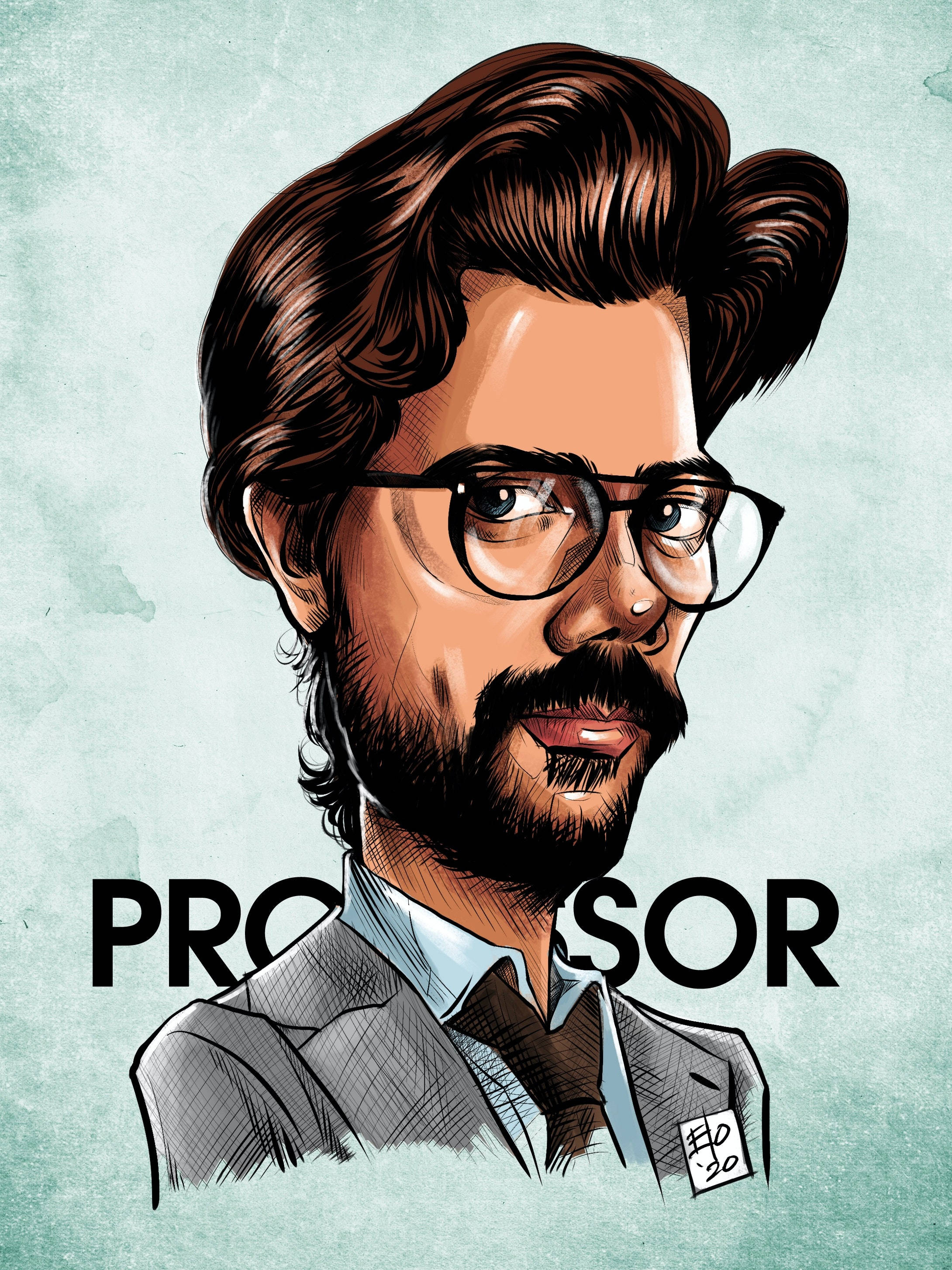 Professor 桌布 壁紙 — 一個風格化的插圖肖像，描繪一位戴眼鏡、留鬍子的教授，身穿西裝打領帶，背景為帶有紋理的青綠色。