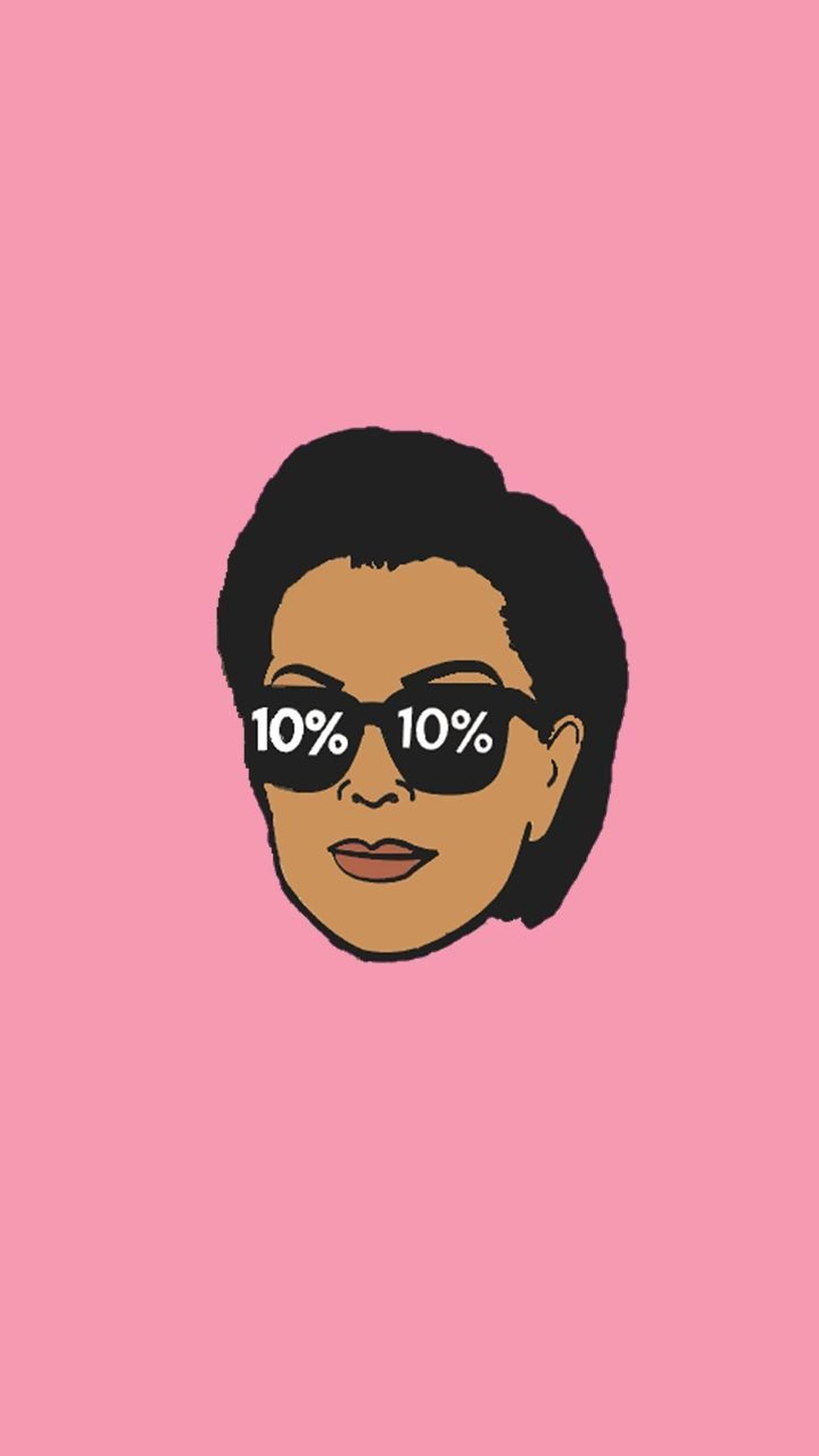 kris 桌布 壁紙 — 一個風格化的插圖肖像，描繪一位短黑髮女性戴著太陽眼鏡，兩邊鏡片顯示10%，背景為純粉紅色。