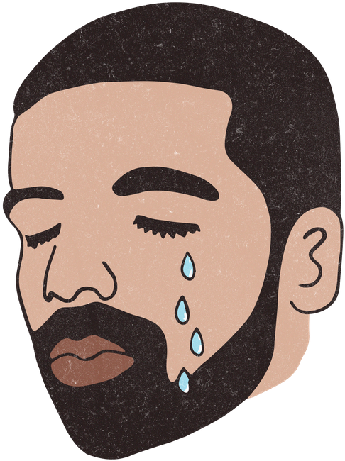 Drake 桌布 壁紙 — 一個風格化的插圖肖像，描繪一個閉著眼睛、藍色淚水從臉頰滑落的男人，背景是紋理深色。