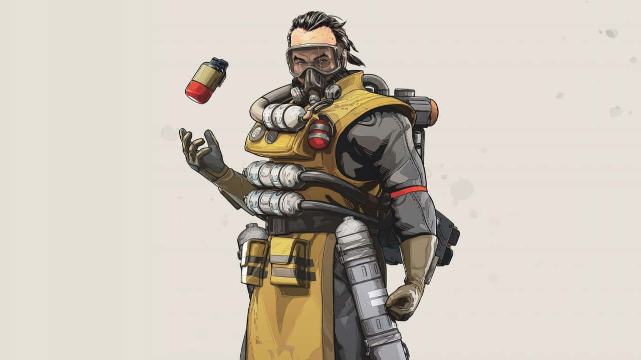 720p Apex Legends 桌布 壁紙 — 一個風格化的插圖角色穿著黃色和灰色的防護衣，在純米白色背景前拋接一個紅色和黃色的罐子。