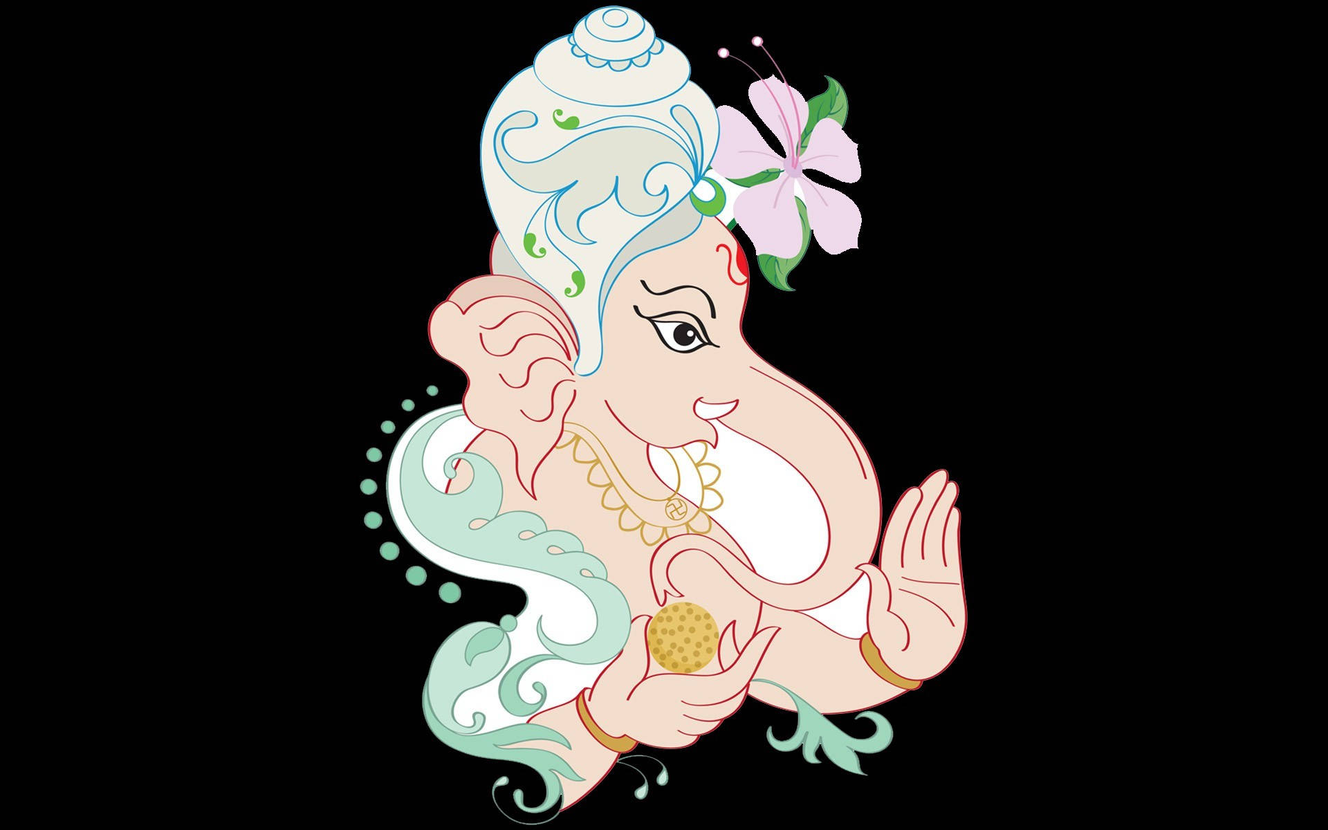 象神甘尼夏 桌布 壁紙 — 一個風格化的插圖象頭神Ganesha，頭髮上有一朵粉紅色的花，在黑色背景前拿著一個modak。