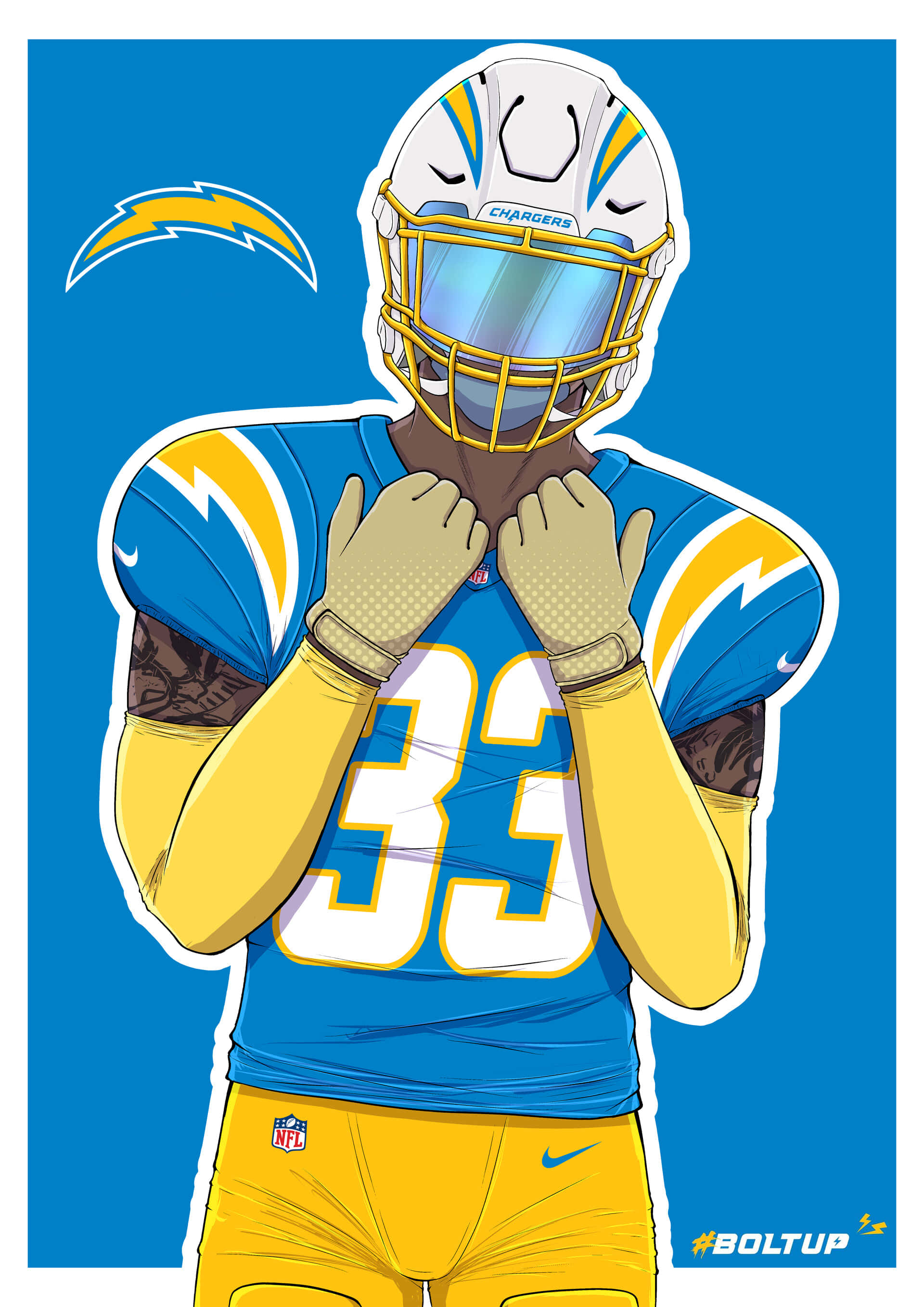 NFL 桌布 壁紙 — 一個風格化的插圖足球員，身穿電光隊球衣，號碼33，在純藍色背景前雙手合十放在下巴下。