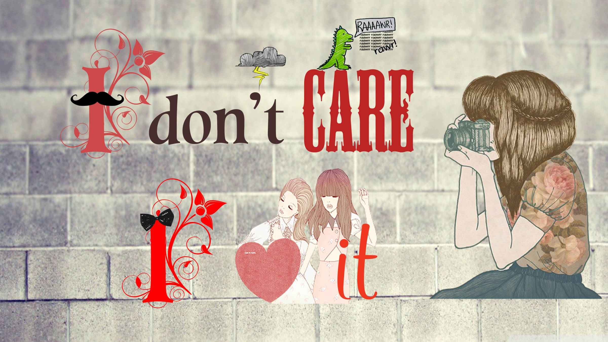 I Dont Care 桌布 壁紙 — 一個風格化的插圖顯示一個帶有花卉紋身的女孩在磚牆前拍照，周圍環繞著俏皮的文字藝術和卡通元素。
