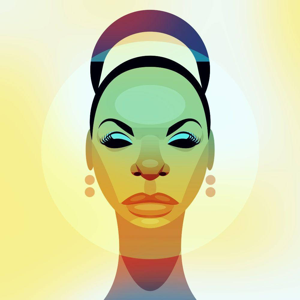 Celebrity 桌布 壁紙 — 一個風格化的插畫肖像，描繪一位閉著眼睛的女性，頭後有放射狀漸變光環。
