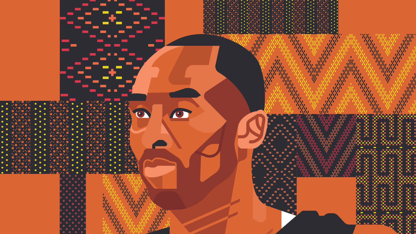 科比· Bryant 桌布 壁紙 — 一個風格化的插畫肖像，描繪一個表情嚴肅的男人，背景是充滿活力的幾何圖案。
