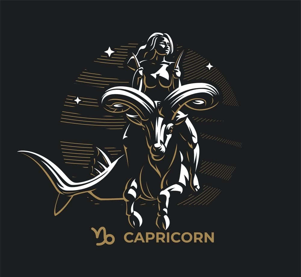 摩羯座 桌布 壁紙 — 一個風格化的摩羯座星座符號，包含一個山羊頭的人物和一位女性在其上，以金色和白色呈現在帶有星星的深色背景上。