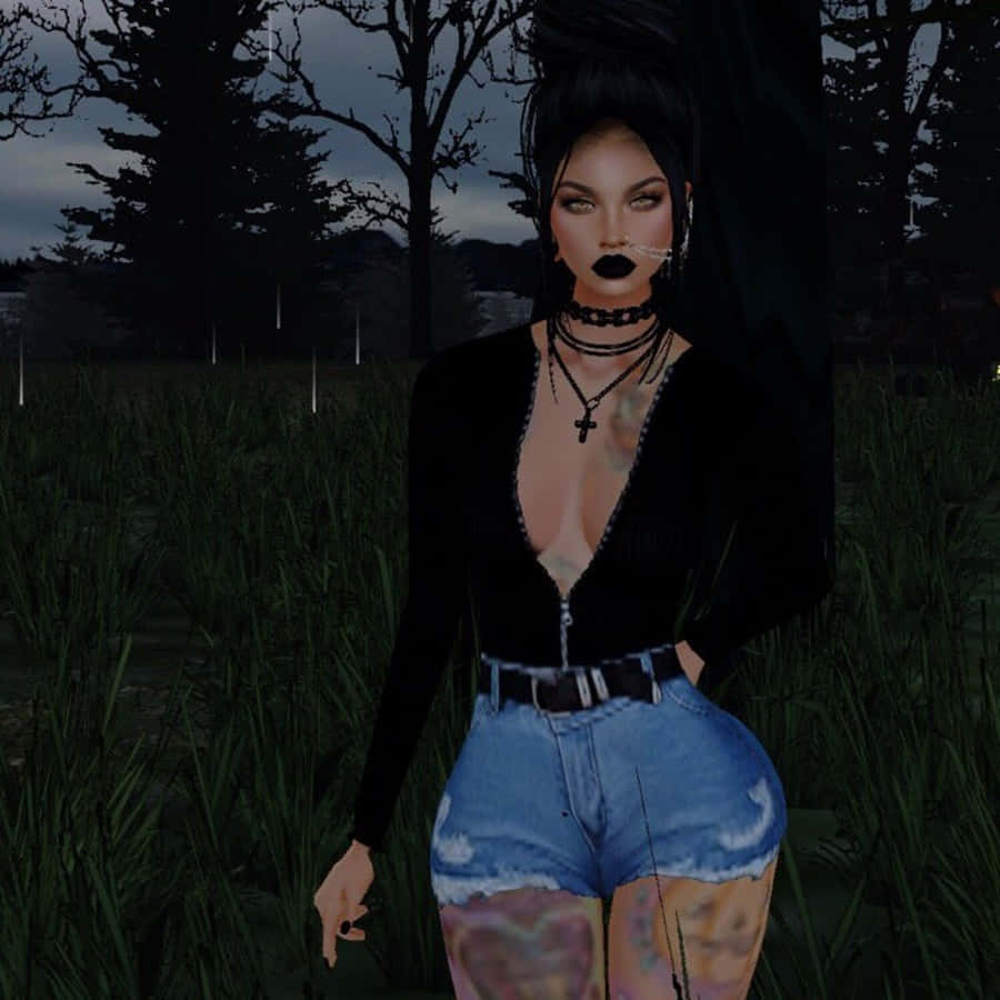 imvu 桌布 壁紙 — 一個風格化的數位化身，塗著黑色唇膏和刺青，在黃昏時分站在昏暗的高草叢中。