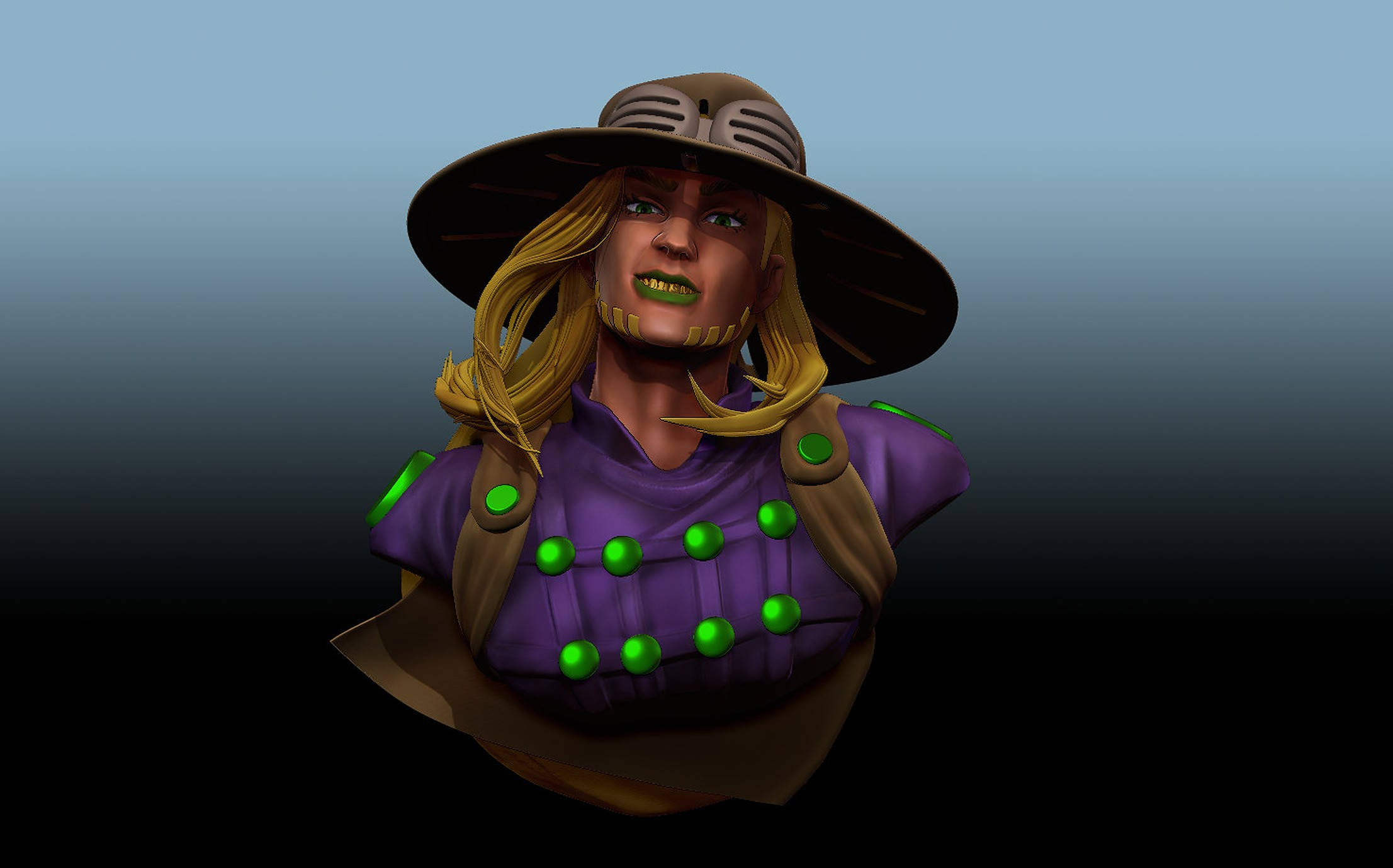 Gyro Zeppeli 桌布 壁紙 — 一個風格化的數位半身像，描繪一位金髮女性，牙齒呈綠色，紫色背心上帶有發光的綠色鈕扣，頭戴寬邊帽。