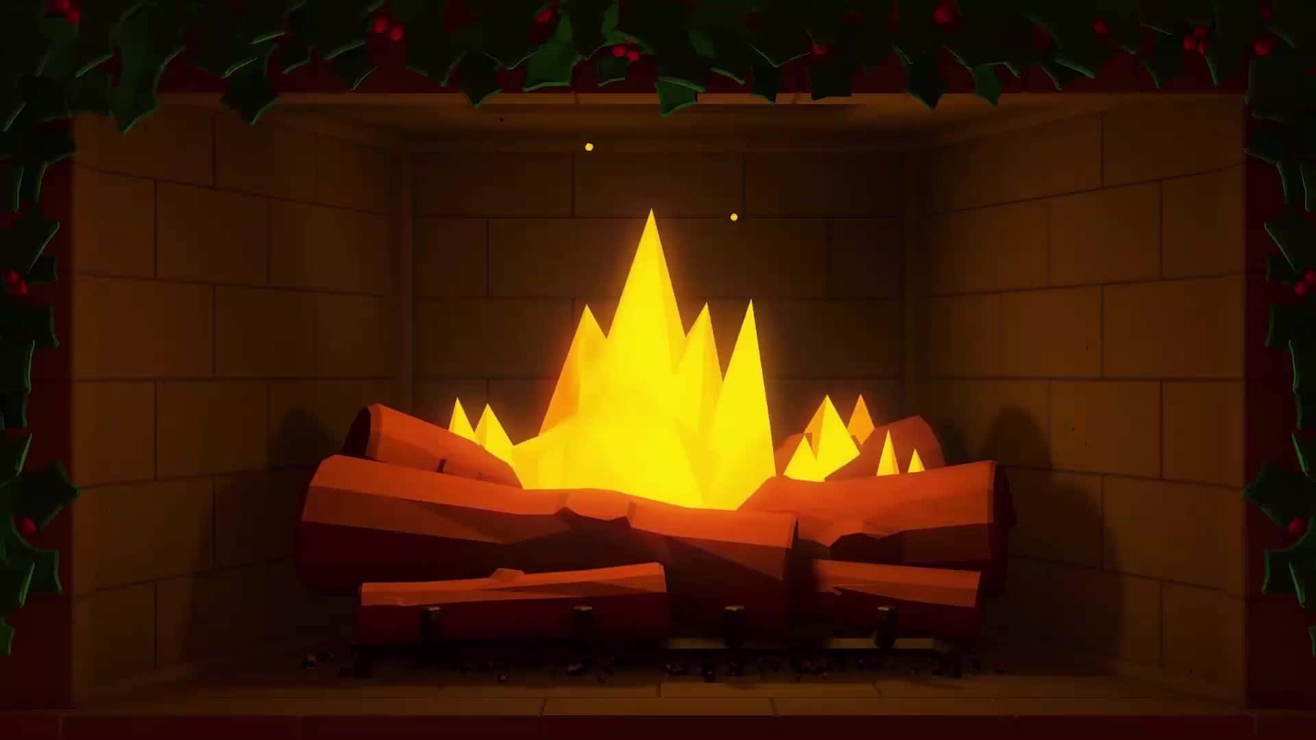 Cozy Fire 桌布 壁紙 — 一個風格化的數位壁爐，帶有發光的橙色火焰和上方的冬青花環，將溫暖的光線投射在磚牆上。