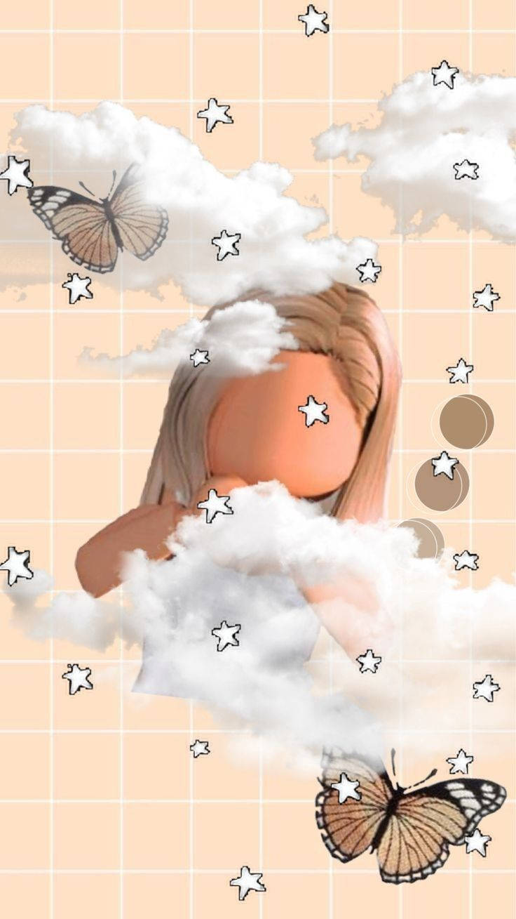 Roblox Aesthetic 桌布 壁紙 — 一個風格化的數位女孩，金髮，坐在 fluffy 雲朵上，背景是帶有蝴蝶和星星的蜜桃色網格。