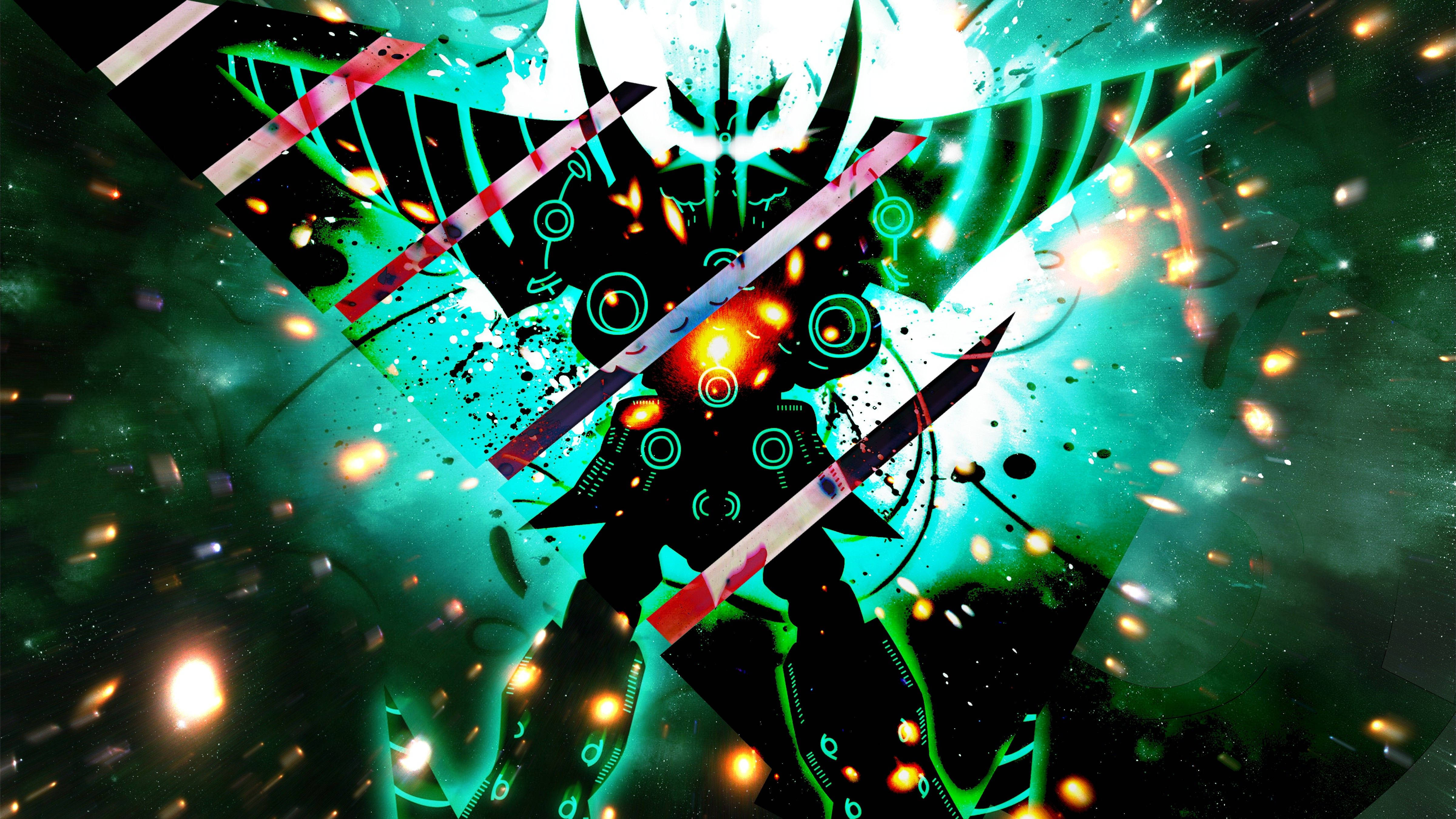 Gurren Lagann 桌布 壁紙 — 一個風格化的數位戰士，帶有發光的綠色電路和熾熱的橙色核心爆發，背景是宇宙星場。