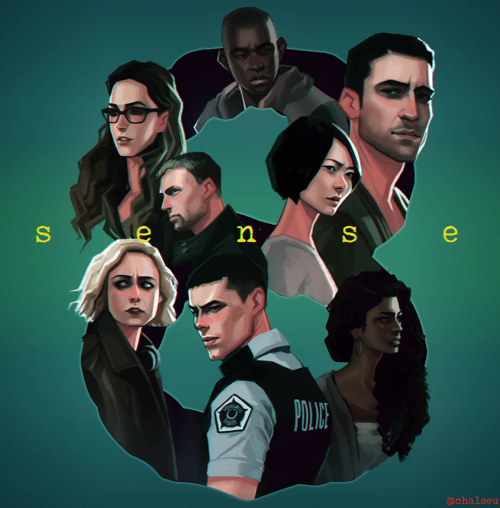 Sense8 桌布 壁紙 — 一個風格化的數位插圖，七個表情嚴肅的人（包括一名警察）圍繞著「sense」這個詞排列，背景為青綠色。