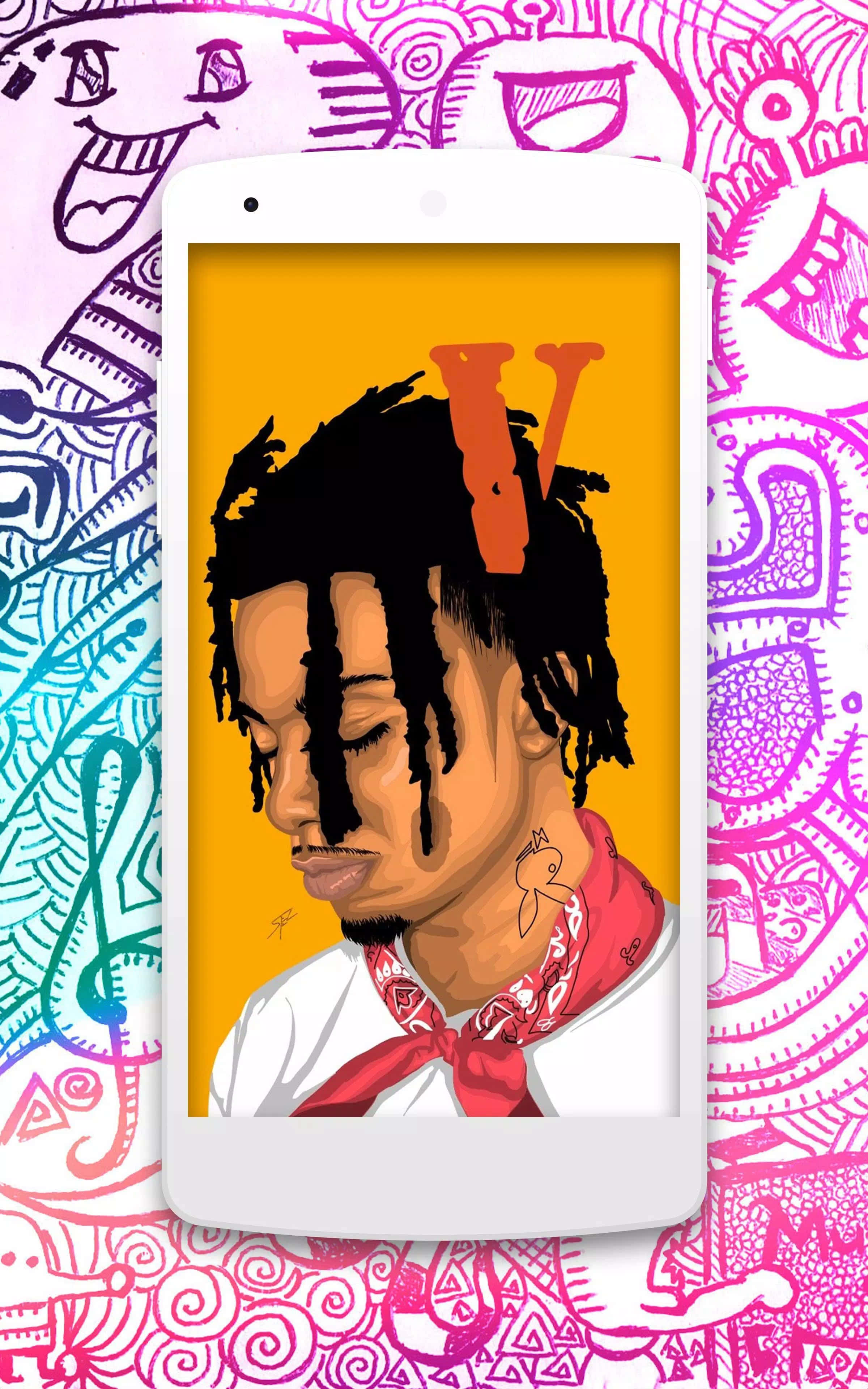 Playboi Carti HD 桌布 壁紙 — 一個風格化的數位插圖，展示一個戴著紅色頭巾的辮子男人在智慧型手機上，背景是充滿活力的塗鴉風格。