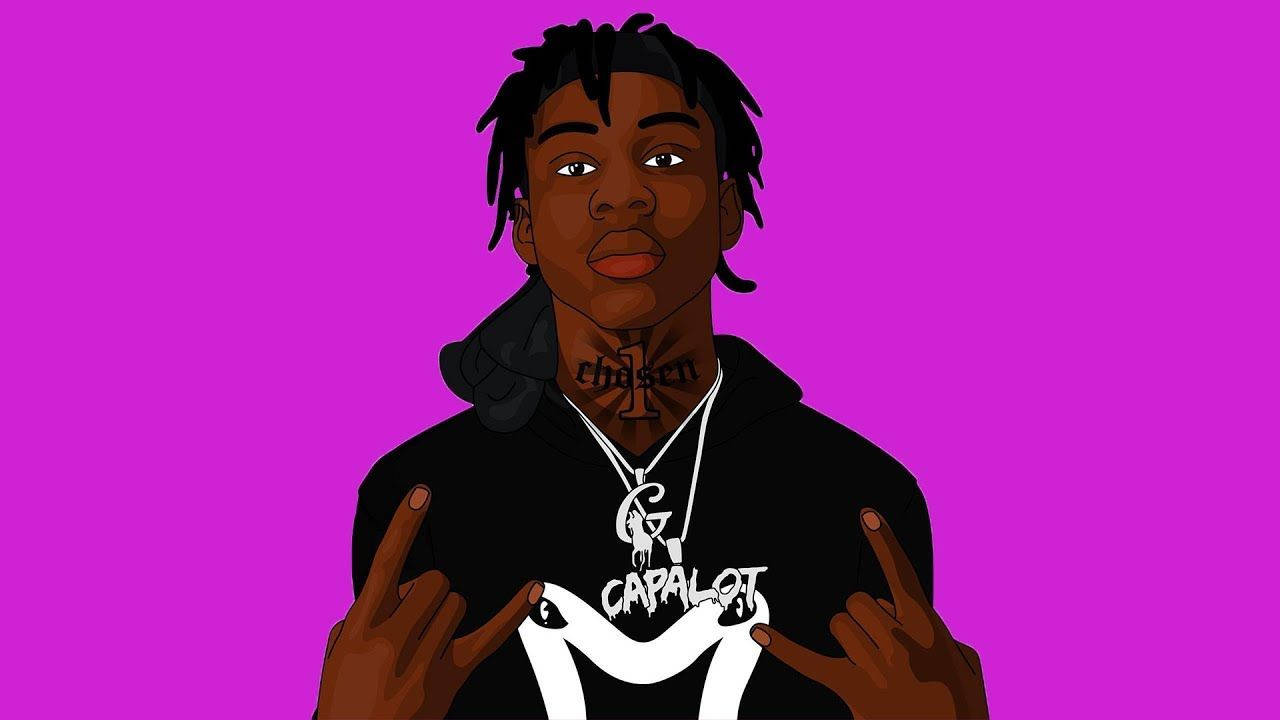 Lil Tjay 桌布 壁紙 — 一個風格化的數位插圖，描繪一位年輕黑人男性，梳著辮子頭，頸部有刺青，背景是充滿活力的紫色。