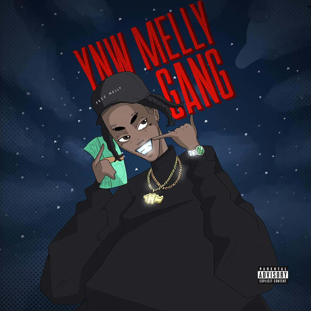 Ynw Melly Cartoon 桌布 壁紙 — 一個風格化的數位插圖，描繪一位戴黑色帽子、穿黑色外套的饒舌歌手，在繁星點點的夜空下手持現金，並配有粗體紅色文字。