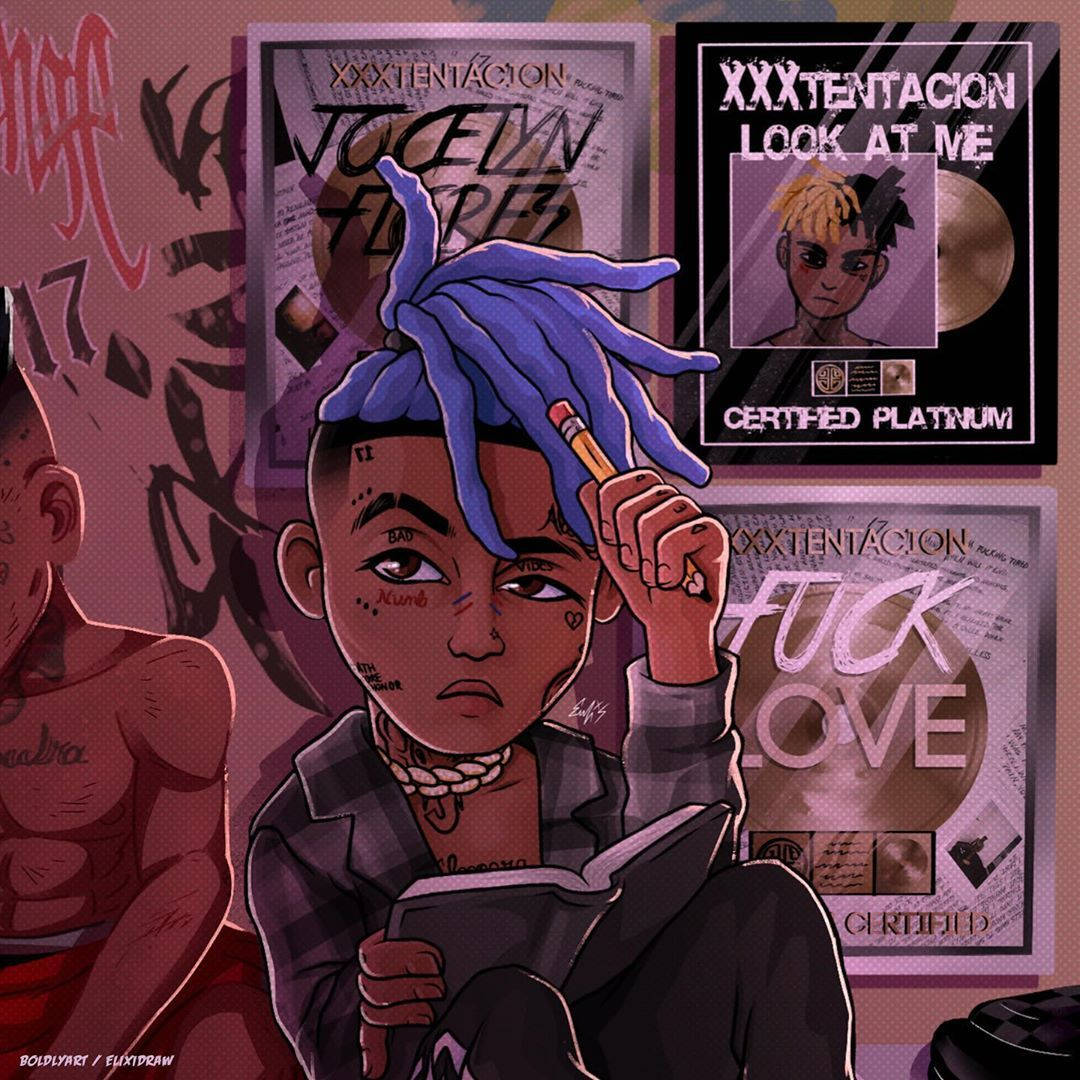 xxxtentacion 動畫 桌布 壁紙 — 一個風格化的數位插圖，描繪一位擁有藍色辮子的年輕男子，手持鉛筆和書本，周圍環繞著 XXXTENTACION 的專輯封面。