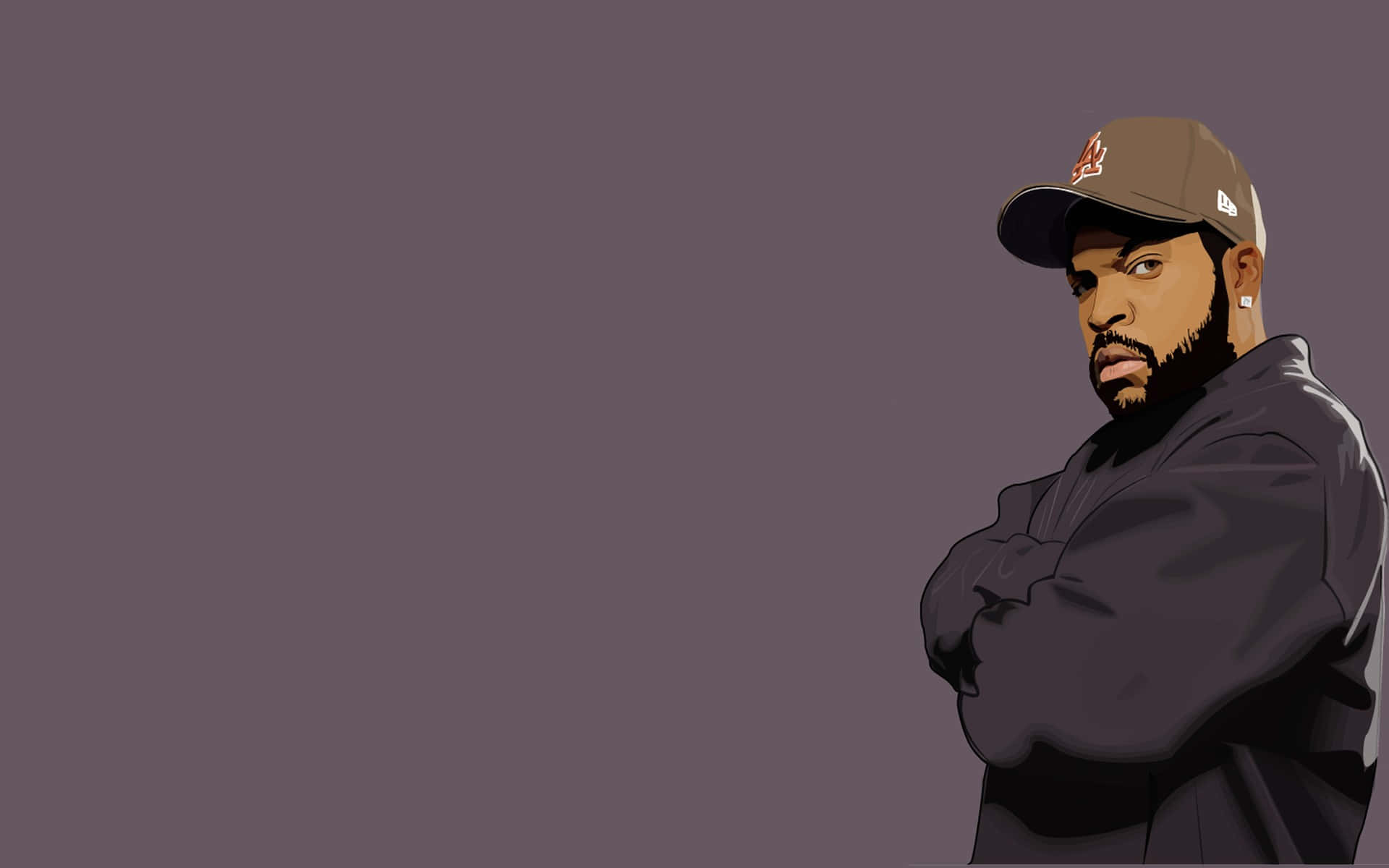 Hip Hop Rappers 桌布 壁紙 — 一個風格化的數位插圖，描繪一位留鬍鬚、戴帽子和穿夾克的男士，站在純紫色背景前。