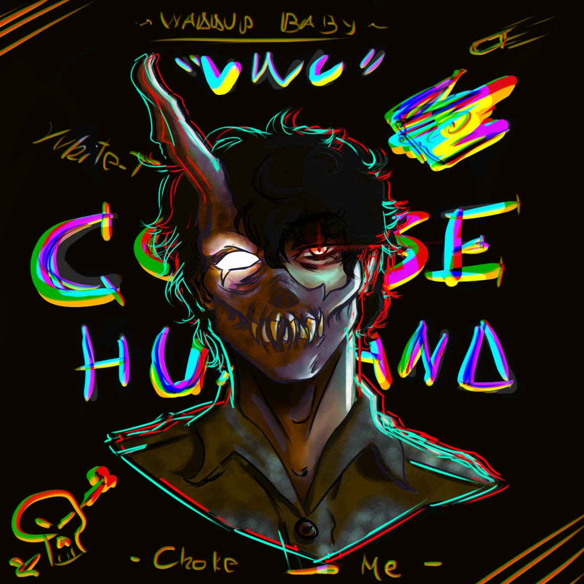 Corpse 桌布 壁紙 — 一個風格化的數位插圖，描繪一個惡魔般的人物，帶有發光的眼睛和霓虹輪廓，背景為黑色。