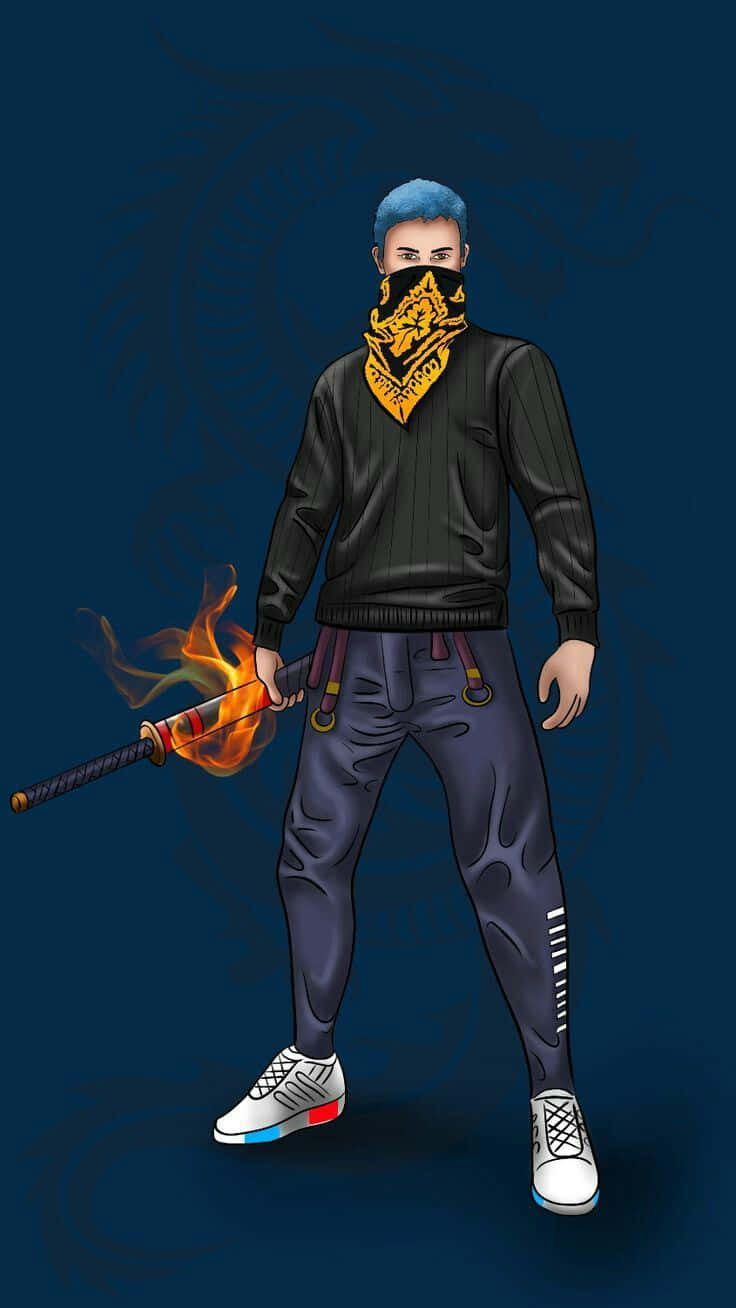 Hip Hop Free Fire 桌布 壁紙 — 一個風格化的數位插圖，描繪一個戴面具、藍色頭髮的角色，在深藍色背景上手持火焰法杖。