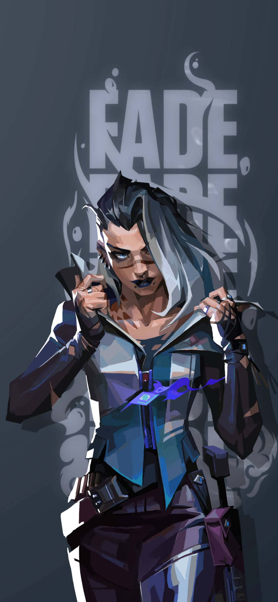 iPhone Xs Gaming 桌布 壁紙 — 一個風格化的數位插圖，描繪一個戴兜帽的角色，在深灰色背景上散發出發光的藍色能量和煙霧效果。