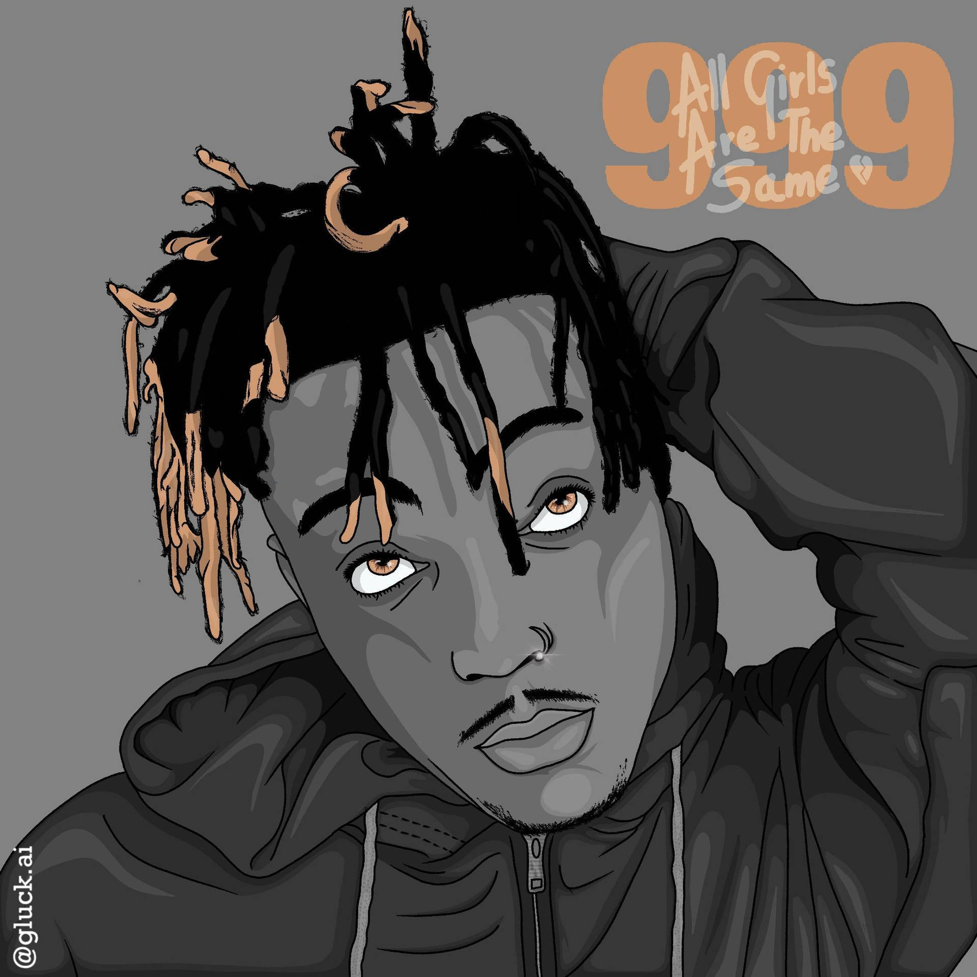 一個數位插圖，描繪一個有辮子和連帽衫的人，強烈地看著觀眾。 — Juice Wrld 壁紙
