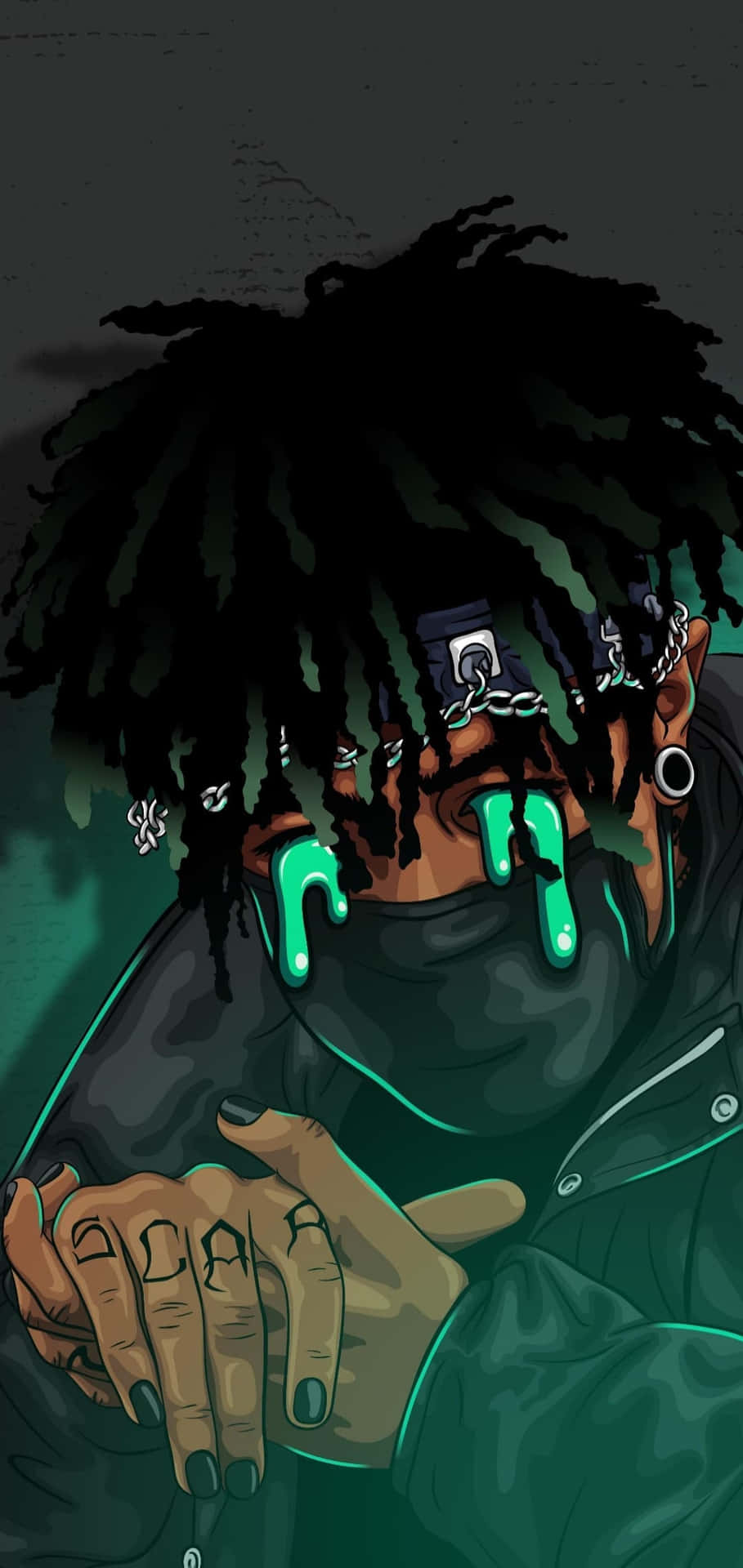 留著辮子的人，眼中流下發光的綠色眼淚。 — Juice Wrld 壁紙