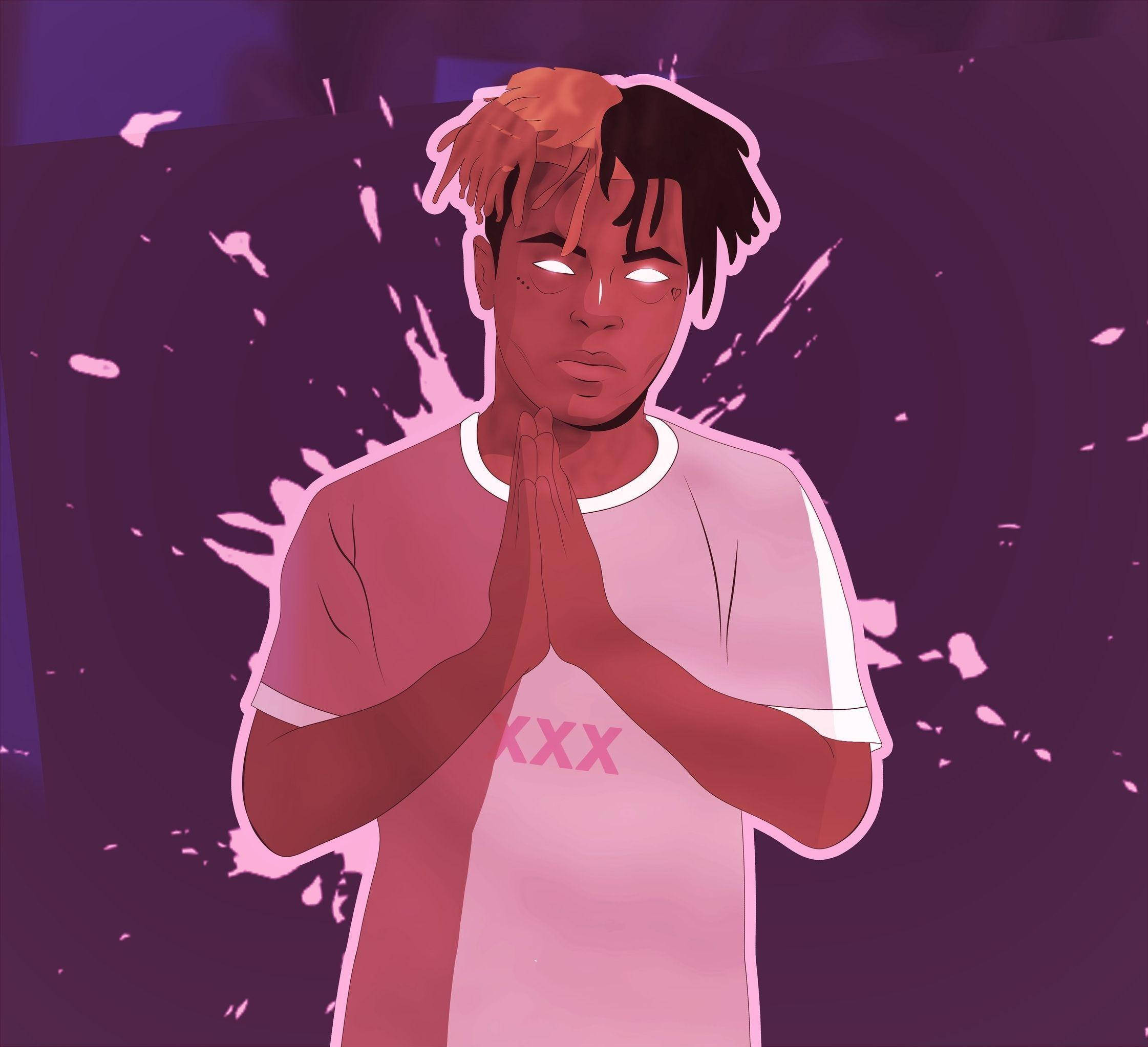 xxxtentacion supreme 桌布 壁紙 — 一個風格化的數位插圖，描繪一個發光眼睛和分叉頭髮的人，在紫色潑濺背景前祈禱。