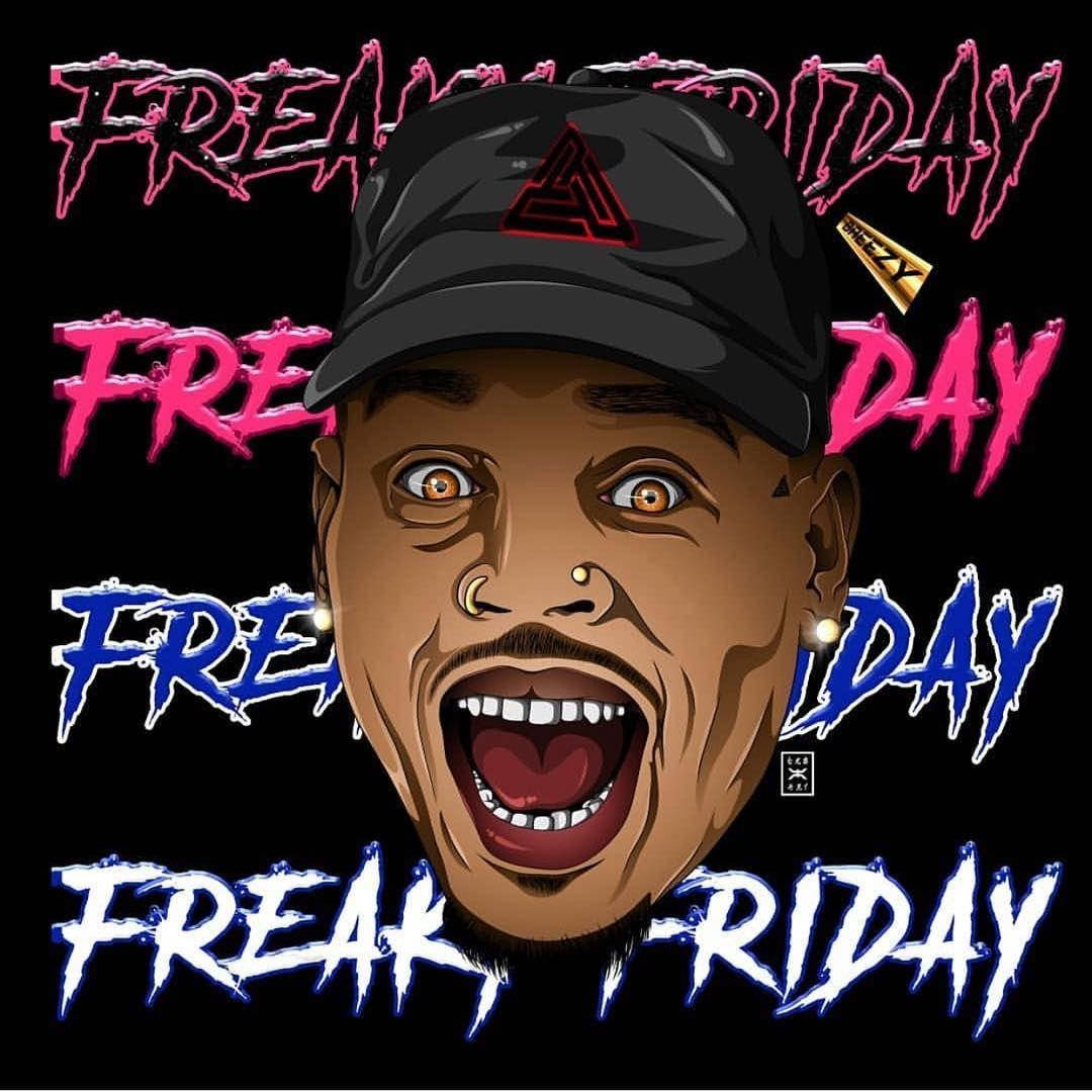 Friday 桌布 壁紙 — 一個風格化的數位插圖，描繪一個睜大眼睛、張開嘴巴、戴著帽子的男人，周圍環繞著霓虹粉紅、藍色和白色的「FREAK FRIDAY」文字。