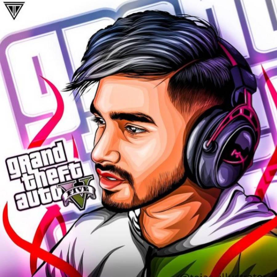 戴著耳機的玩家，背景是 Grand Theft Auto V 標誌。 — GTA 5 動圖 壁紙