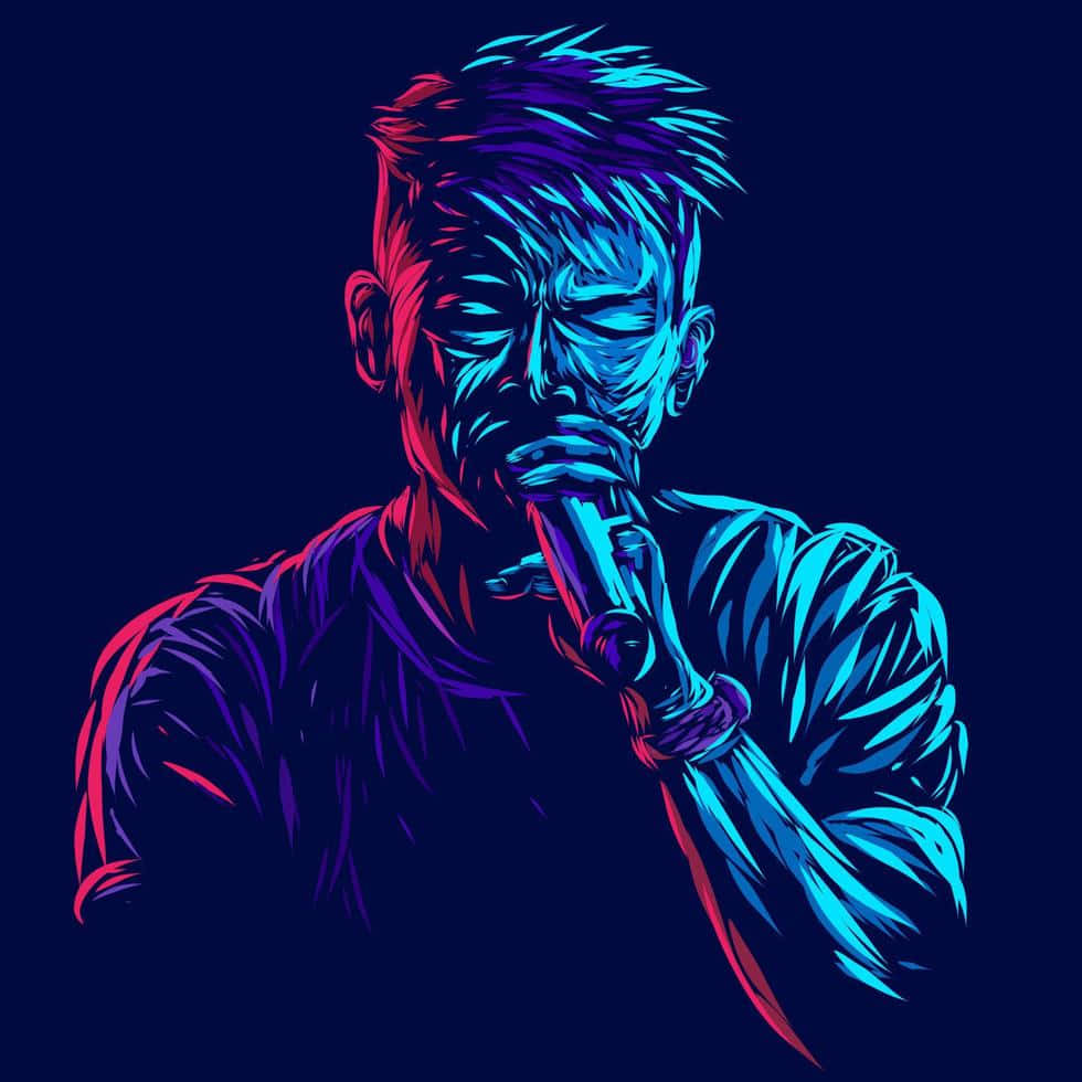 Men 桌布 壁紙 — 一個風格化的數位插圖，描繪一名男子對著麥克風唱歌，帶有霓虹藍和紅色亮點，背景為深色。