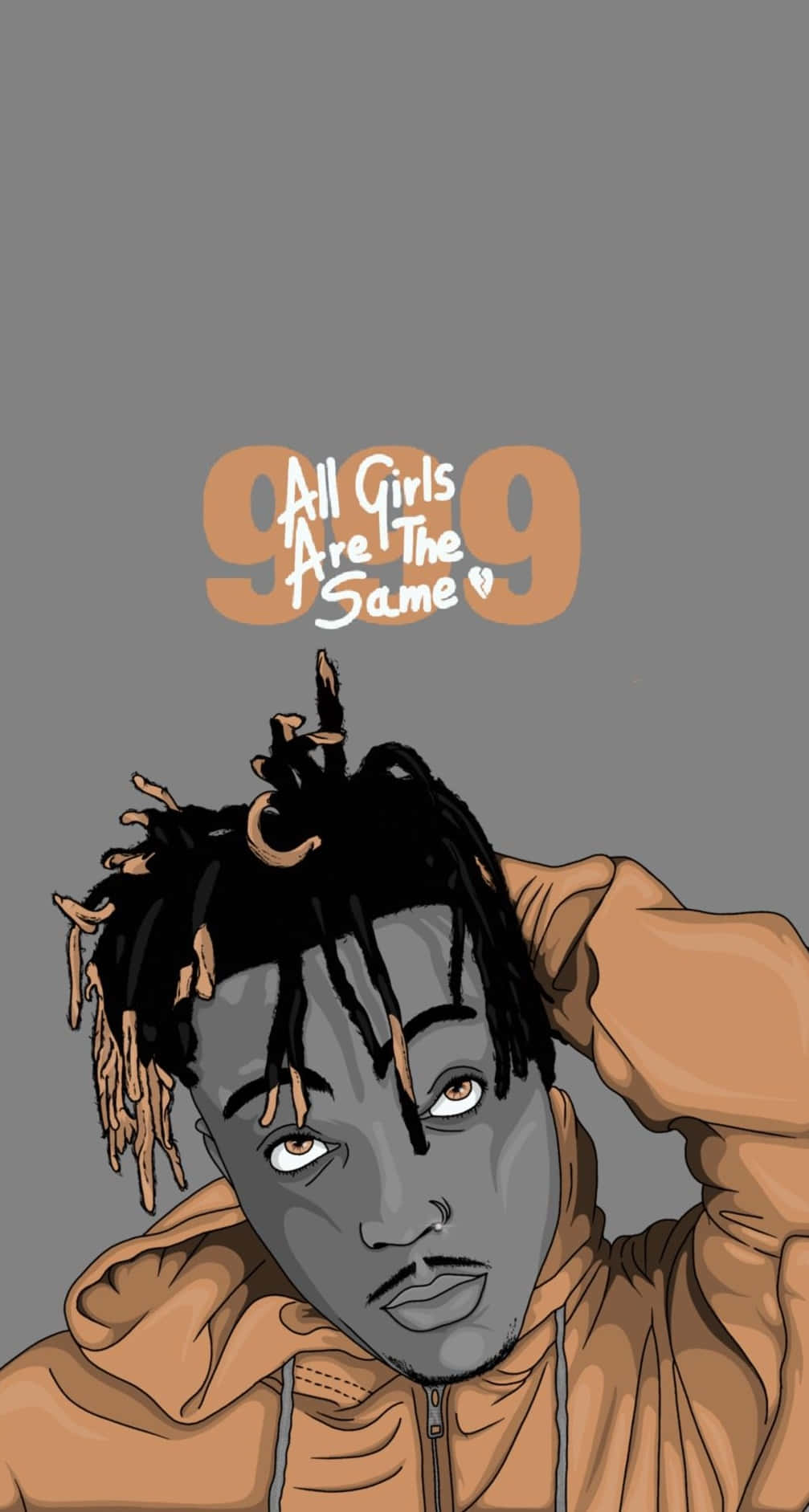 Rappers 桌布 壁紙 — 一個風格化的數位插圖，描繪一名留著辮子、穿著連帽衫的男子，背景為灰色，並帶有文字「999 All Girls Are The Same」。
