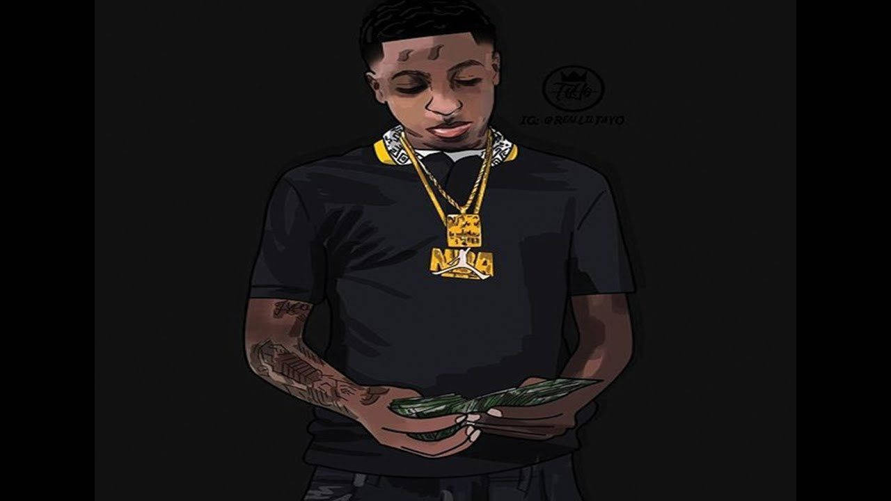 Youngboy 桌布 壁紙 — 一個風格化的數位插圖，描繪一名身穿黑色襯衫的年輕男子，手持現金並佩戴金鏈，背景為深色。