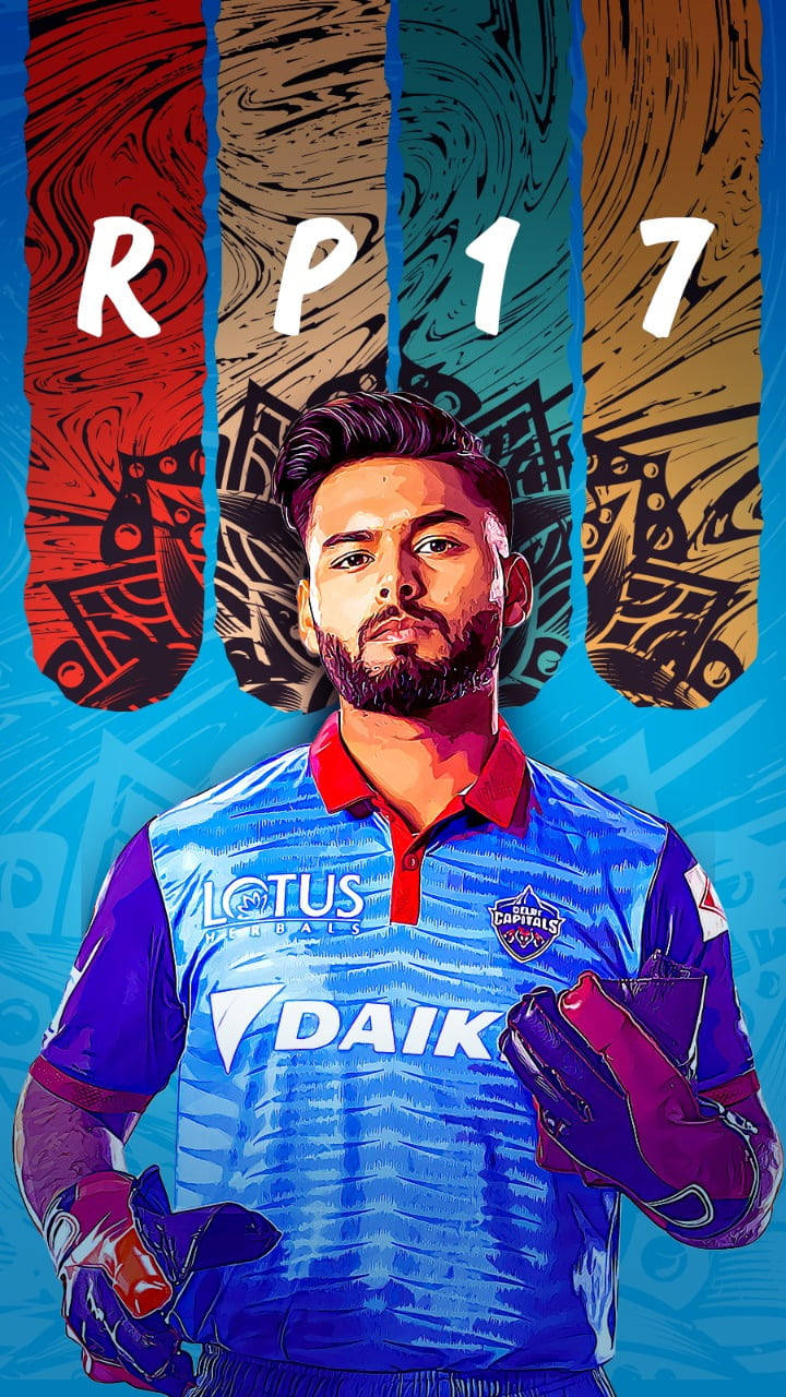 Delhi Capitals 桌布 壁紙 — 一個風格化的數位插圖，描繪一名身穿藍色球衣的板球運動員，在充滿活力的抽象背景前手持手套。