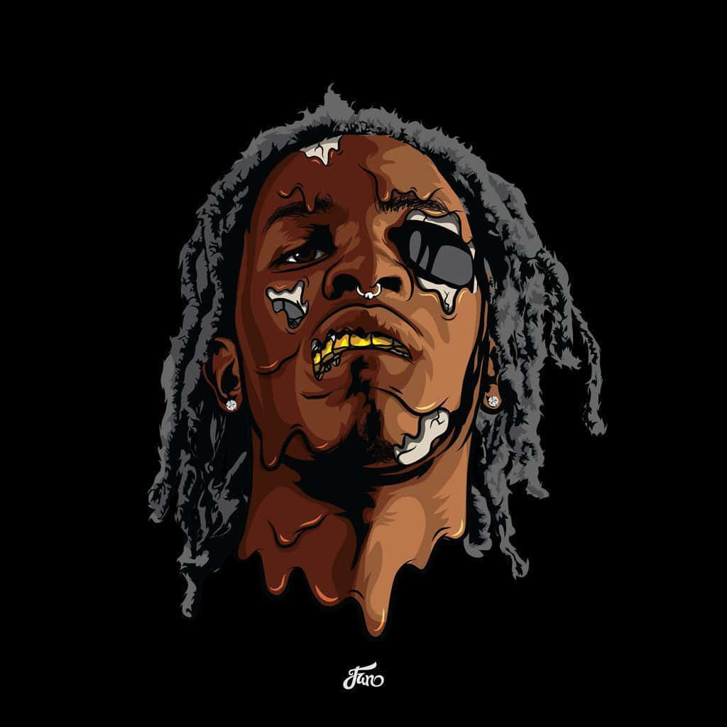 Lil Baby Cartoon 桌布 壁紙 — 一個風格化的數位插圖，描繪一名面部融化、留著辮子的男子，背景為黑色。