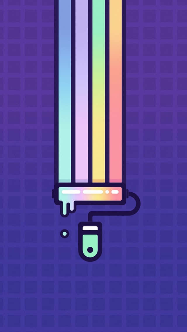 640x1136 桌布 壁紙 — 一個風格化的數位插圖，描繪油漆滾筒在紫色網格背景上滴下彩虹色。