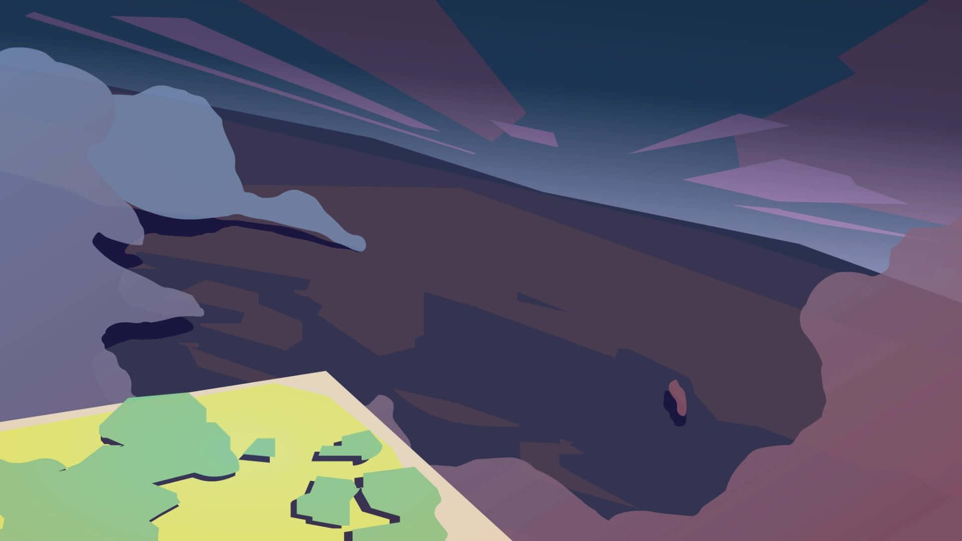Bfdi 桌布 壁紙 — 一個風格化的數位插圖，描繪深峽谷，紫色和藍色的雲朵在綠色和黃色的地圖碎片上方。
