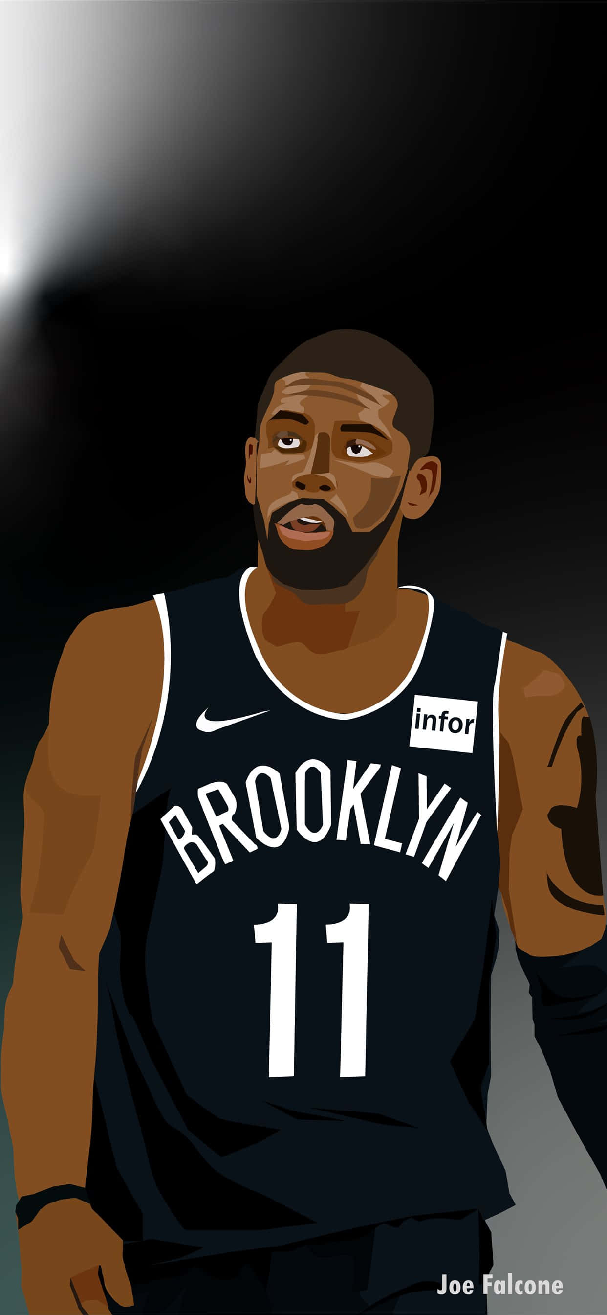 Kyrie Irving Nets 桌布 壁紙 — 一個風格化的數位插圖，描繪籃球運動員凱里·厄文身穿布魯克林籃網隊球衣，背景為深色漸變。