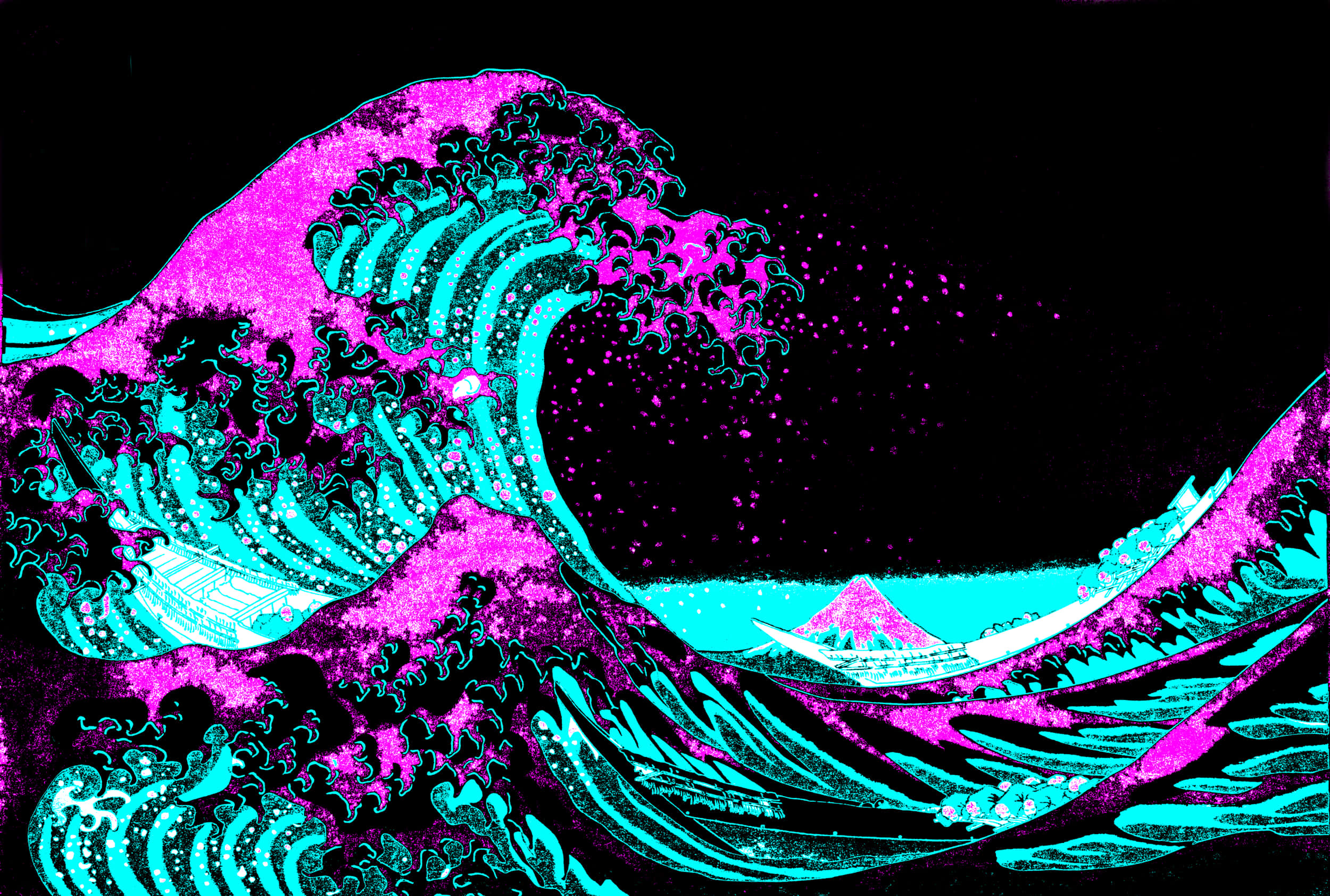 The Great Wave 桌布 壁紙 — 一個風格化的數位波浪，以霓虹粉紅和青色撞擊黑色虛空，遠處有山。