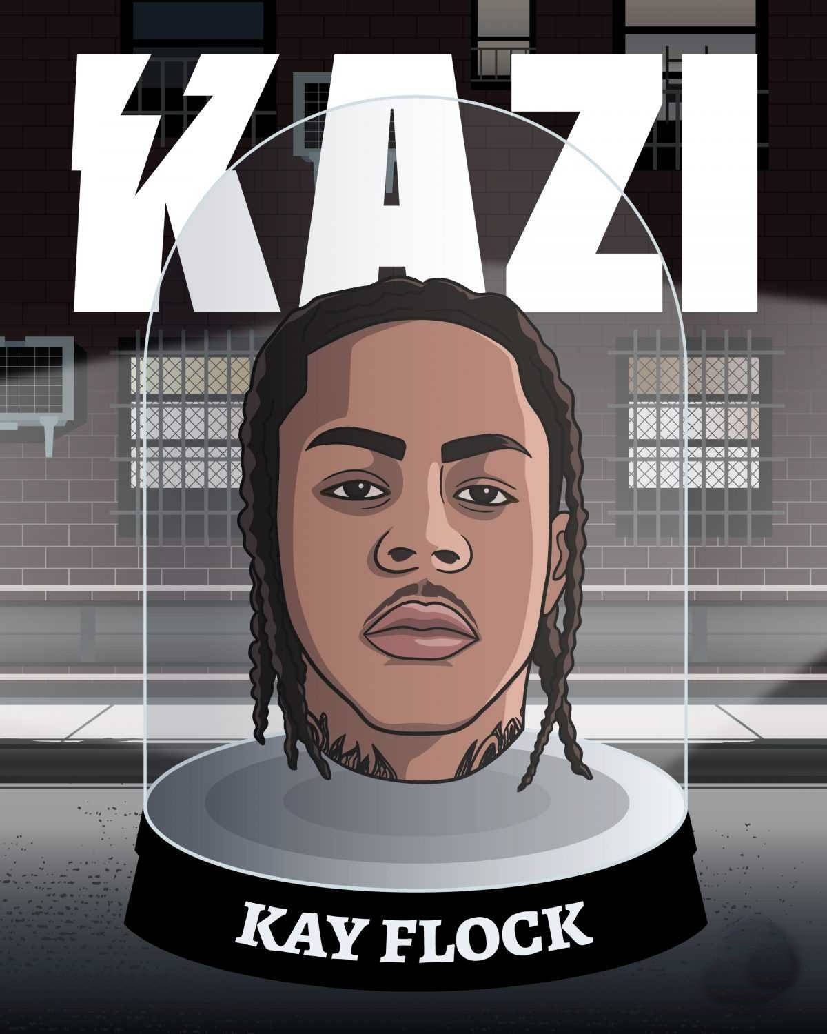 Kay Flock 的頭部在玻璃展示櫃中，上方有 'KAZI' 文字，背景是磚牆。 — 人像動態 壁紙