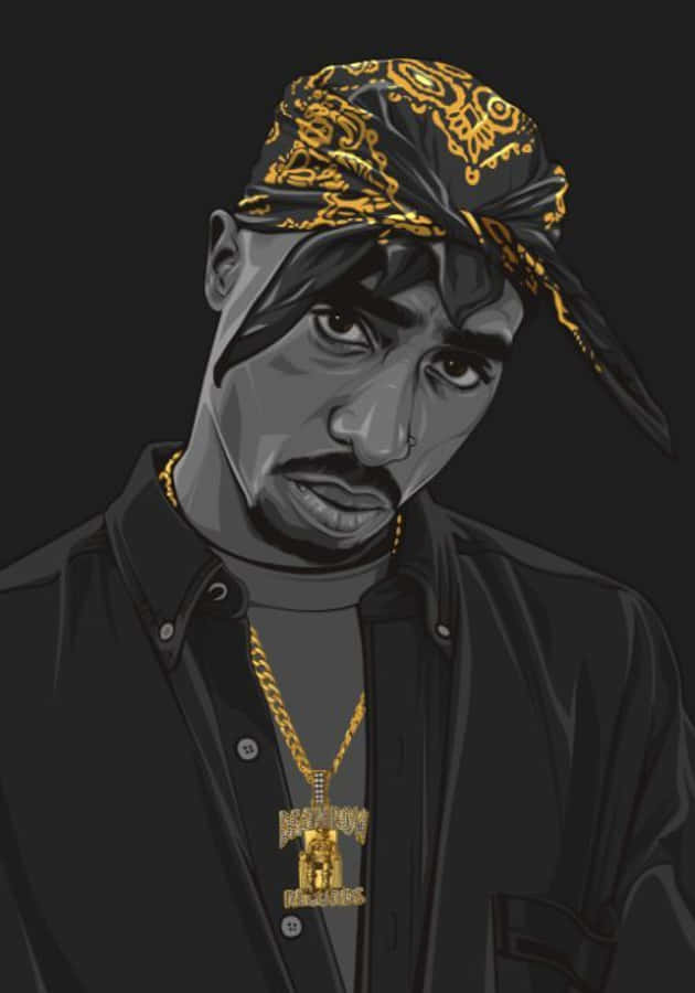 桌布 壁紙 — 一個風格化的數位肖像，Tupac Shakur 戴著金鏈和圖案頭巾，背景為深色。