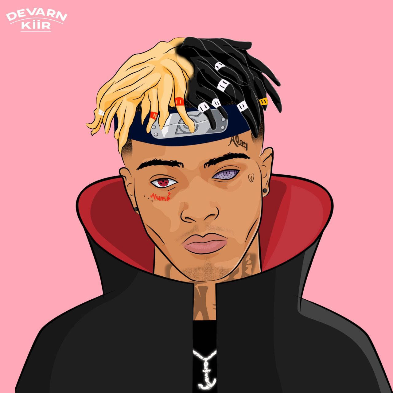 xxxtentacion 動畫 桌布 壁紙 — 一個風格化的數位肖像，一個半金髮半黑髮的男人穿著紅色領子的黑色斗篷，背景是粉紅色。