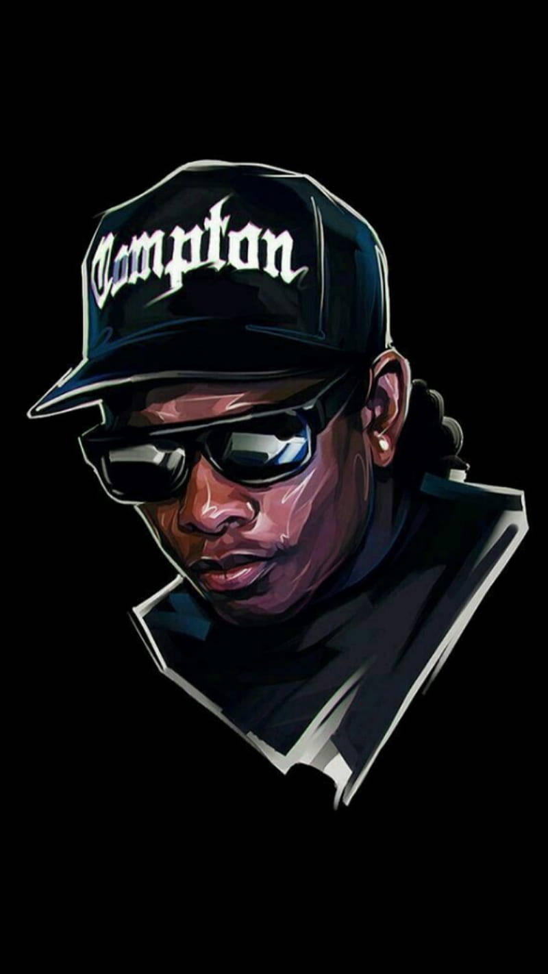 說唱歌手 桌布 壁紙 — 一個風格化的數位肖像，一個戴著「Compton」帽子和太陽眼鏡的男人，背景為黑色。