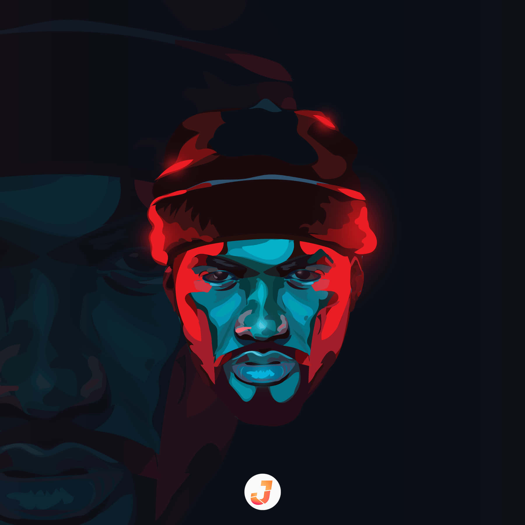 Joyner Lucas 桌布 壁紙 — 一個風格化的數位肖像，一個戴著紅色冷帽的男人，在黑暗背景上有發光的藍色和紅色面部高光。