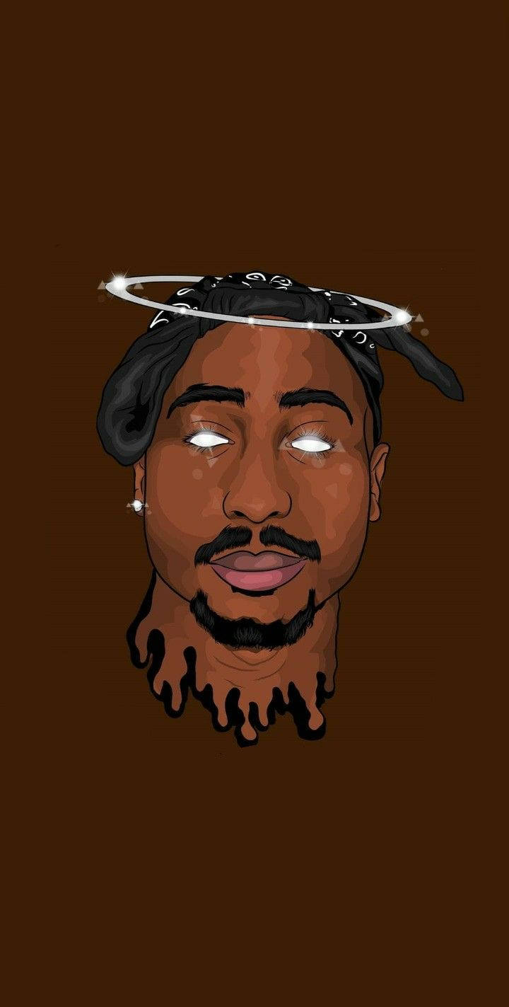 tupac 桌布 壁紙 — 一個風格化的數位肖像，一個男人在純棕色背景上，眼睛發光，頭頂有光環。