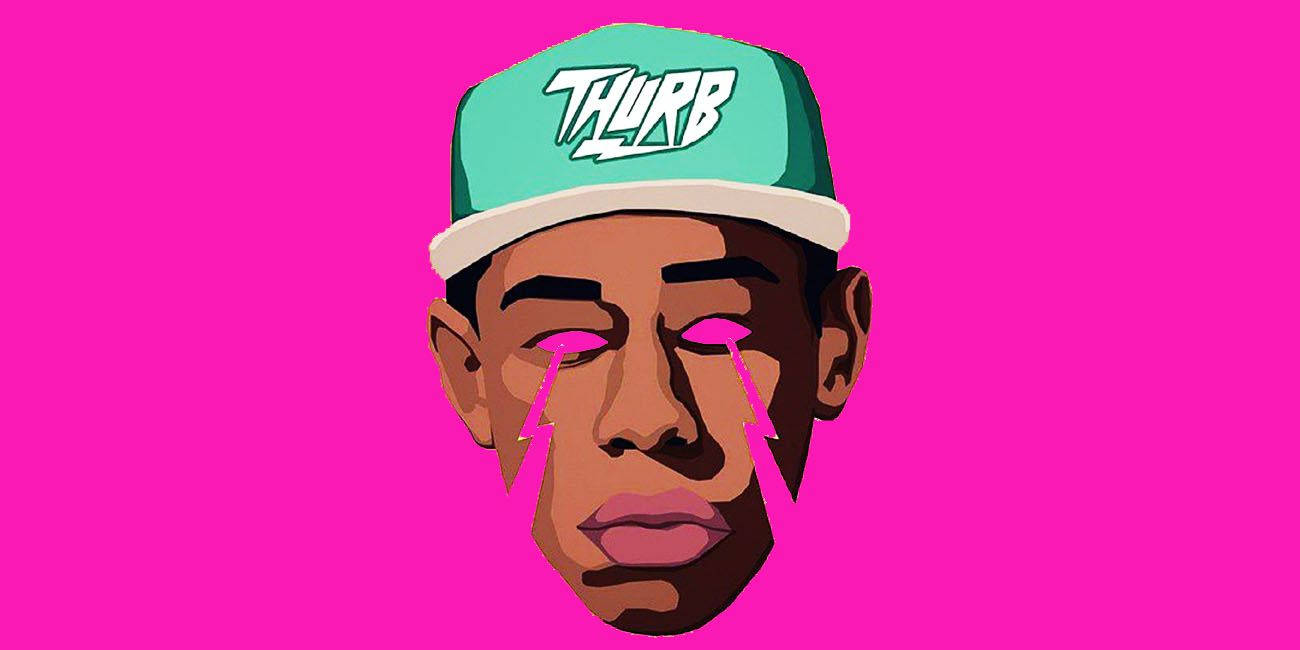 tyler 桌布 壁紙 — 一個風格化的數位肖像，一個男人戴著一頂帶有「THURB」文字的青色帽子，背景是充滿活力的粉紅色。