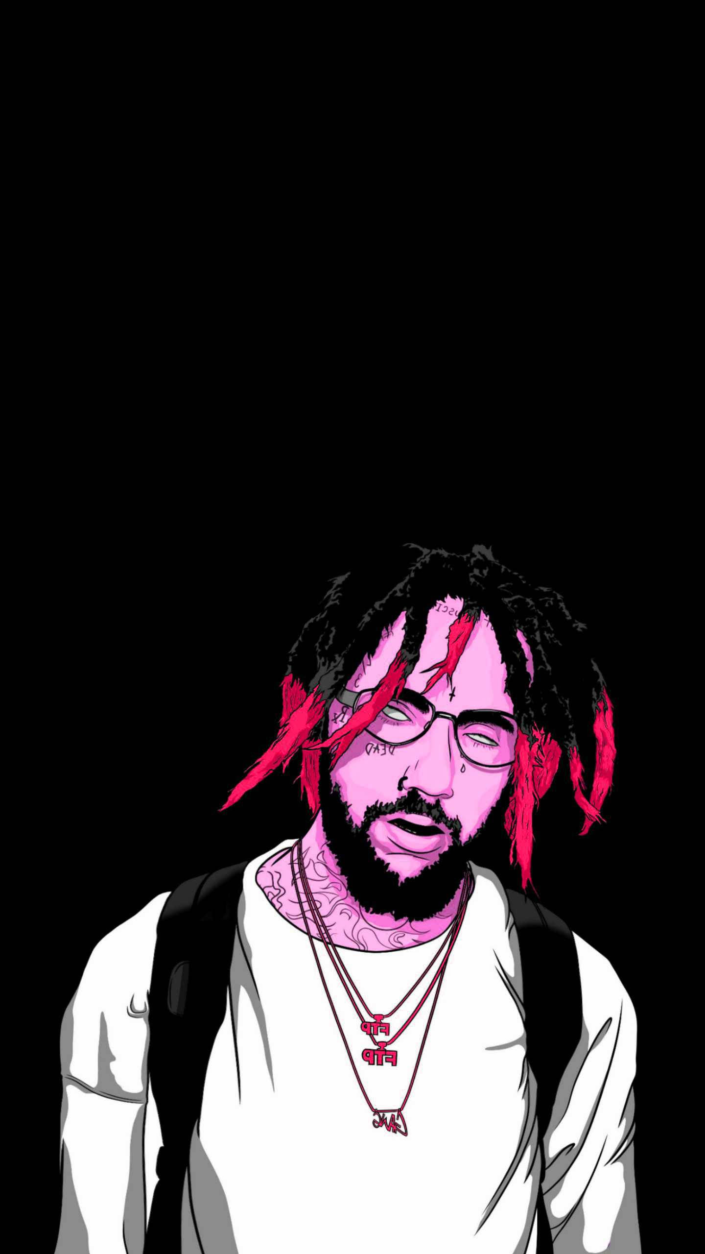 suicideboys 桌布 壁紙 — 一個風格化的數位肖像，一個男人留著粉紅色辮子頭和戴眼鏡，背景為黑色。