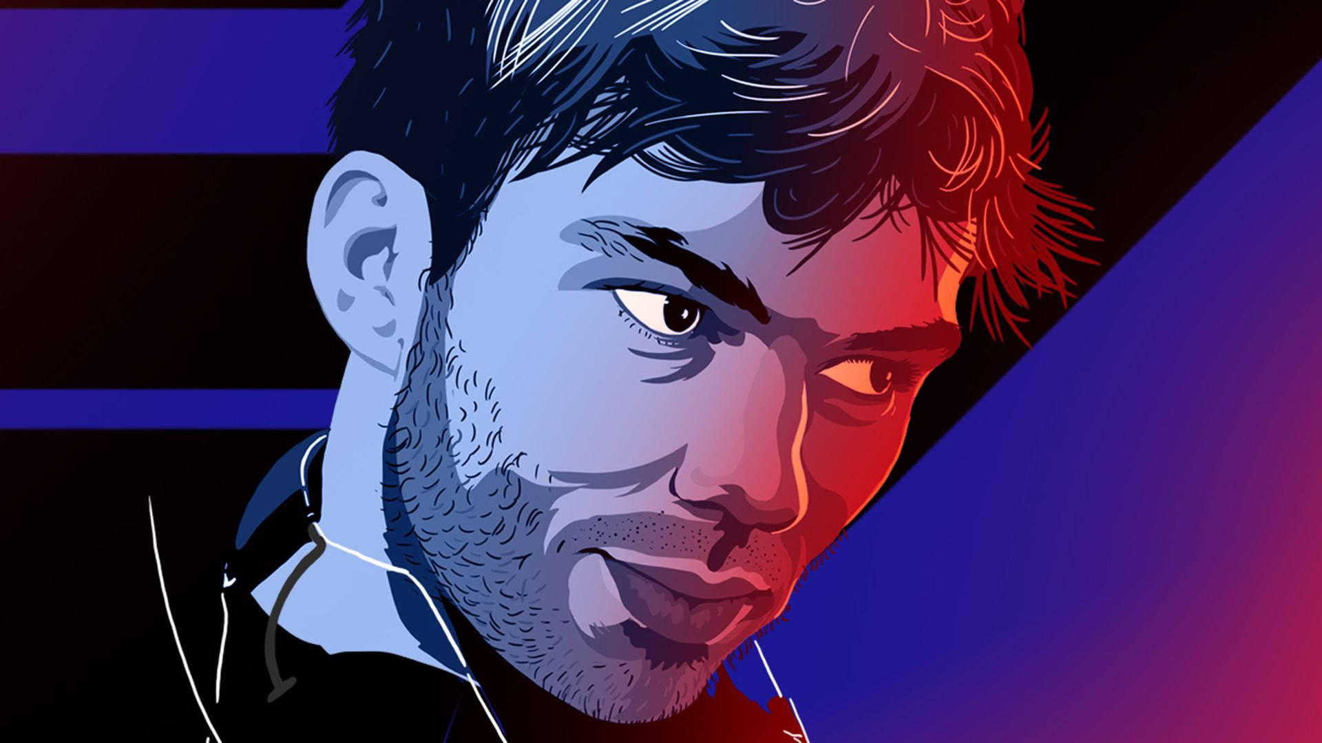 pierre gasly 桌布 壁紙 — 一個風格化的數位肖像，一個眼神強烈的男人，被藍色和紅色燈光分割，背景為深色。