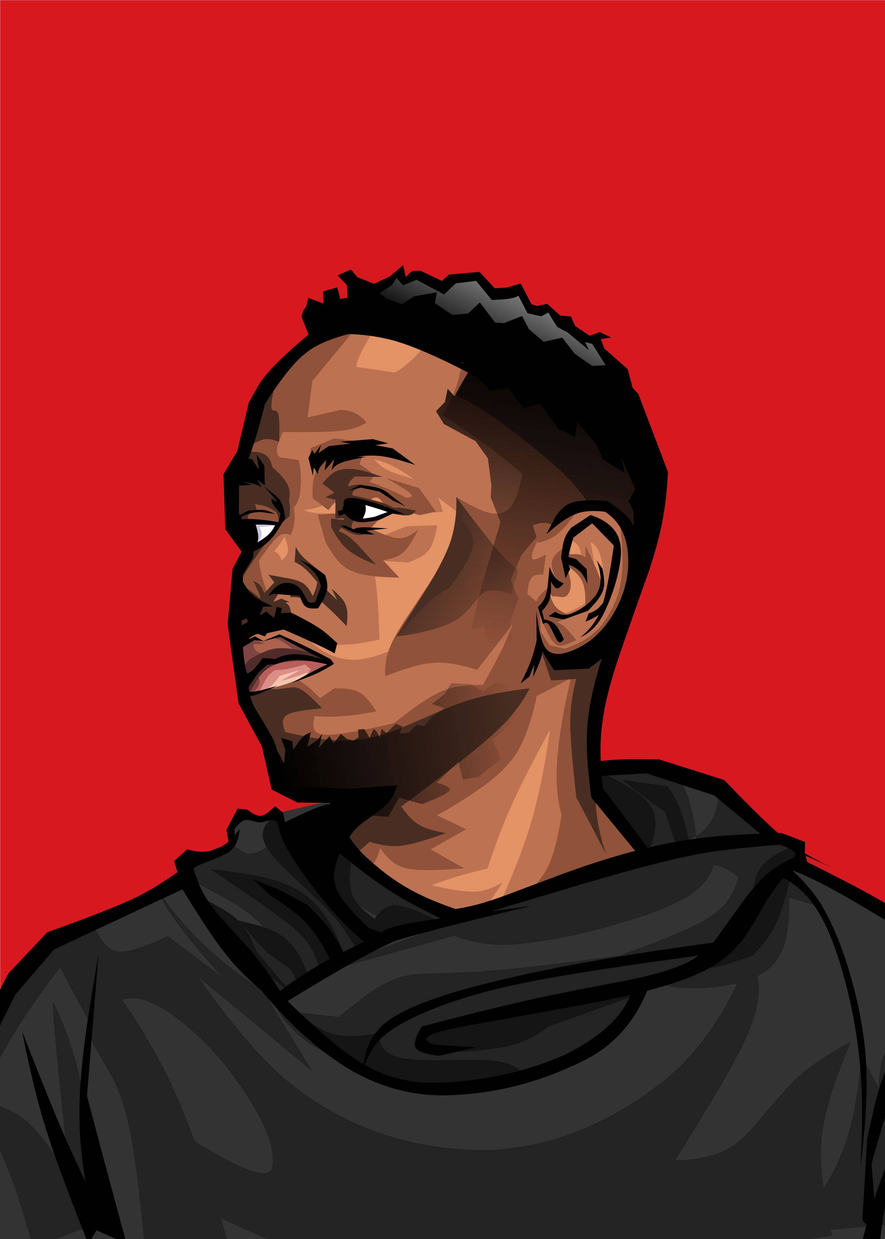 Kendrick 桌布 壁紙 — 一個風格化的數位肖像，一個穿著黑色連帽衫的男人在鮮紅色的背景前。