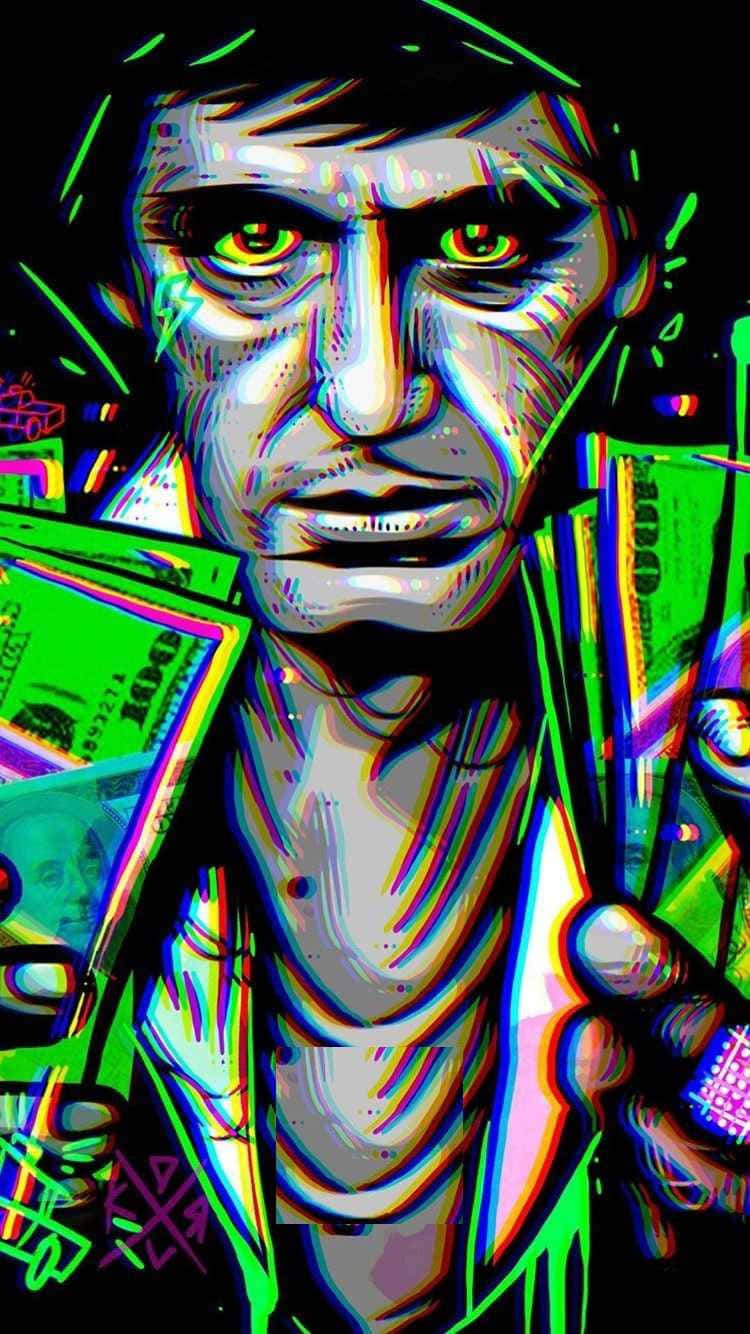 疤面煞星 桌布 壁紙 — 一個風格化的數位肖像，一名擁有發光綠色眼睛的男子在黑暗背景中手持一疊疊鈔票，背景帶有霓虹條紋。